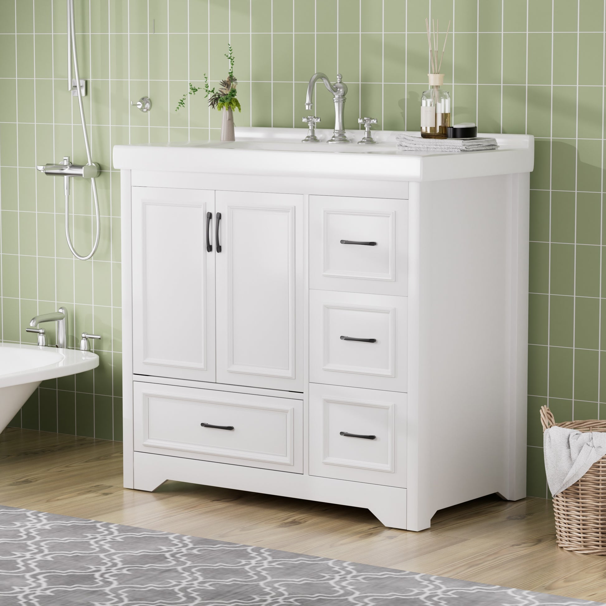 Cabinet Without Basin, 36 Inch Bathroom Cabinet, Bathroom Sink Cabinet With 2 Closing Doors And 4 Drawers. White Color, 35.8''W X 19.7''D X 35.4''H.Cabinet Only White Particle Board Mdf