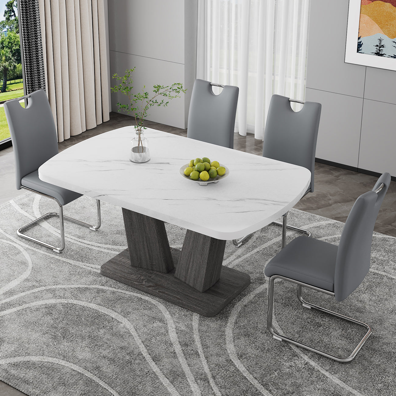 Dining Table Set For 4 6, 5 Piece Dining Table Set, Faux Marble Table Top And Modern Design Mdf Base With 4 Pu Leather Ergonomic Dining Chairs Metal Grey White Modern Mdf Metal