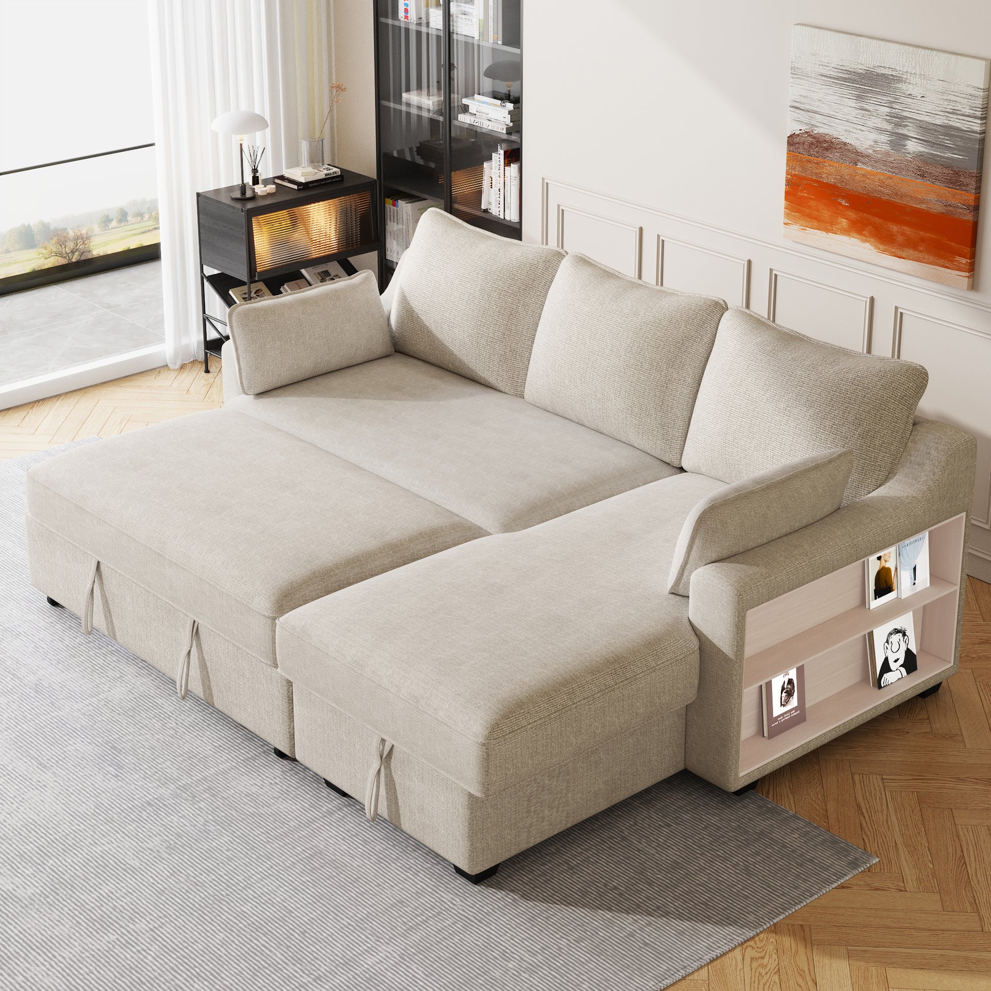 90" Pull Out Sleeper Sofa L Shaped Couch Convertible Sofa Bed With Storage Chaise, Storage Racks And Usb Ports Sg001340Aa , Beige Beige Foam Chenille 3 Seat