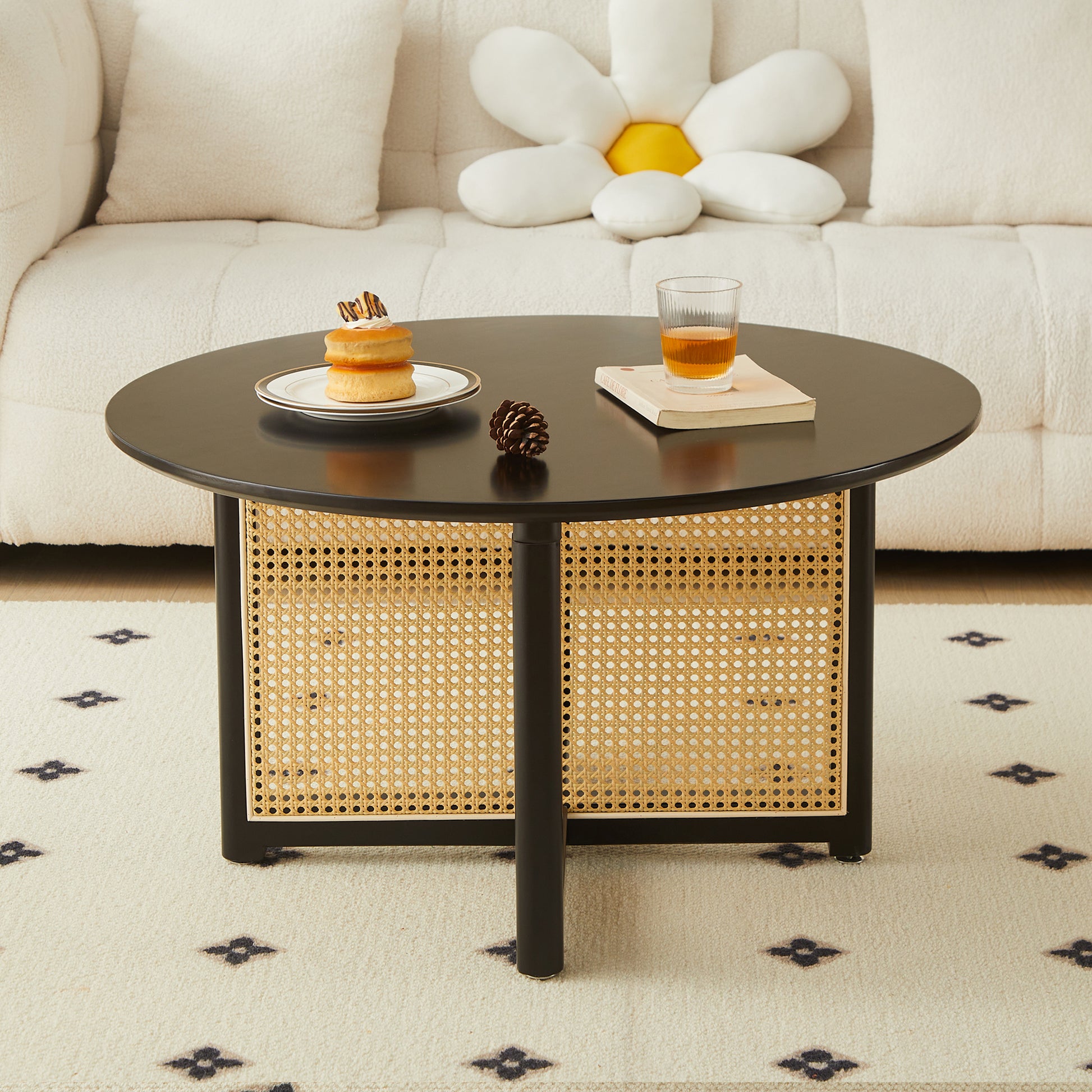 Mid Century Wooden Coffee Table With Pe Cane Stand, 31.5 Inch Round Solid Wood Bohemian Style Coffee Table, Unique Central Cocktail Table For Living Rooms, Apartments And Offices Black Rubber Wood