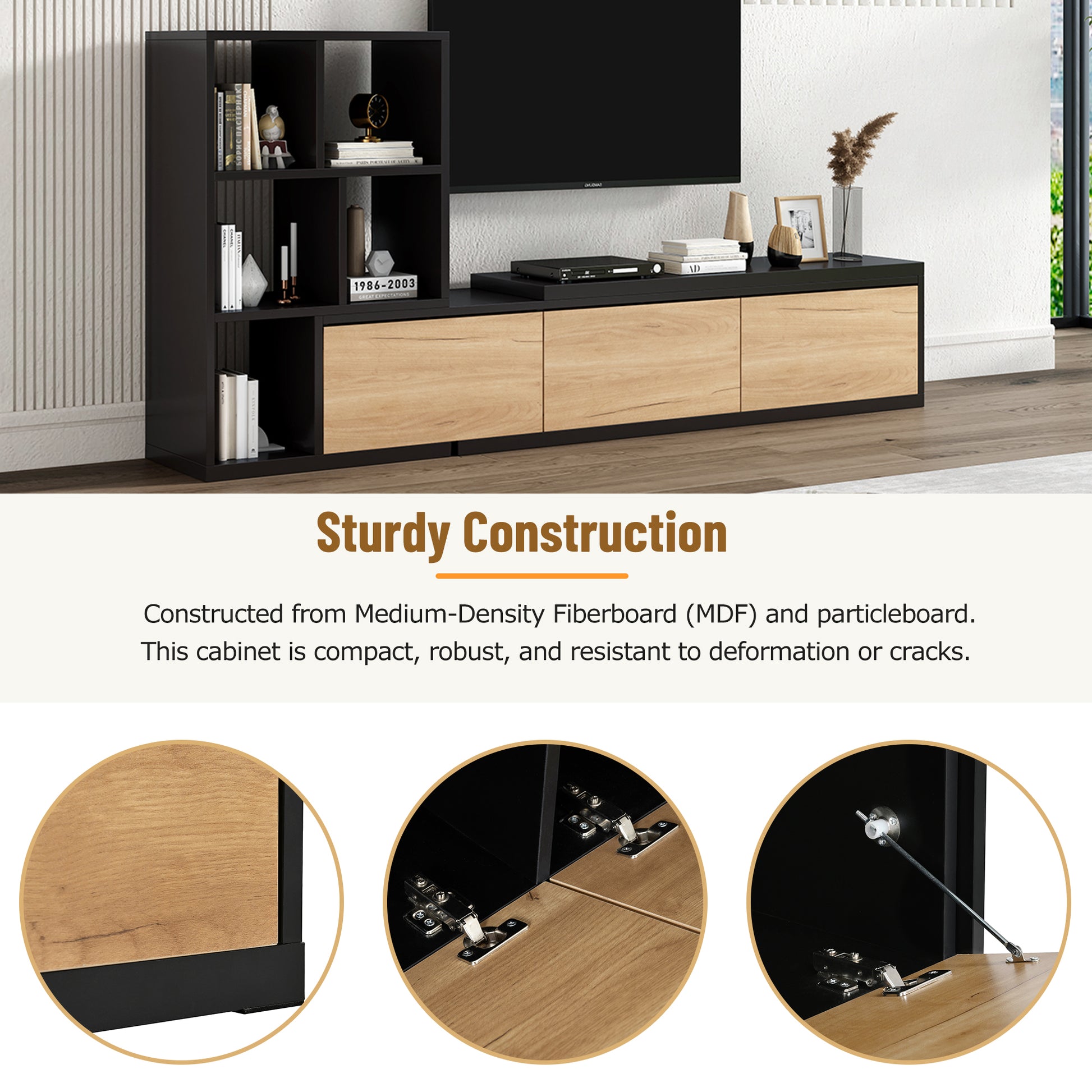 74.8'' 126'' Extendable Tv Stand With 3 Tier Bookshelves For Tvs Up To 110'', Adjustable Entertainment Center With Storage Cabinets, Sliding Tabletop Media Console For Living Room, Black Black Primary Living Space 90 Inches Or Larger Particle Board Mdf