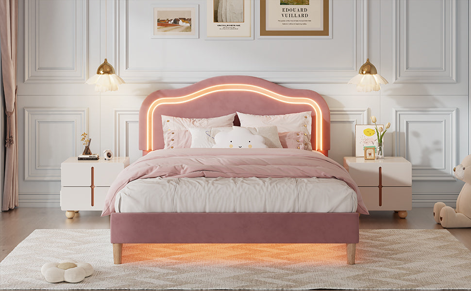 Queen Size Velvet Upholstered Smart Led Bed Frame With Adjustable Height Headboard,No Box Spring Needed,Easy Assembly,Pink Box Spring Not Required Queen Pink Wood Bedroom Cute,Modern Bed Frame Wood