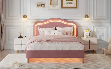 Queen Size Velvet Upholstered Smart Led Bed Frame With Adjustable Height Headboard,No Box Spring Needed,Easy Assembly,Pink Box Spring Not Required Queen Pink Wood Bedroom Cute,Modern Bed Frame Wood