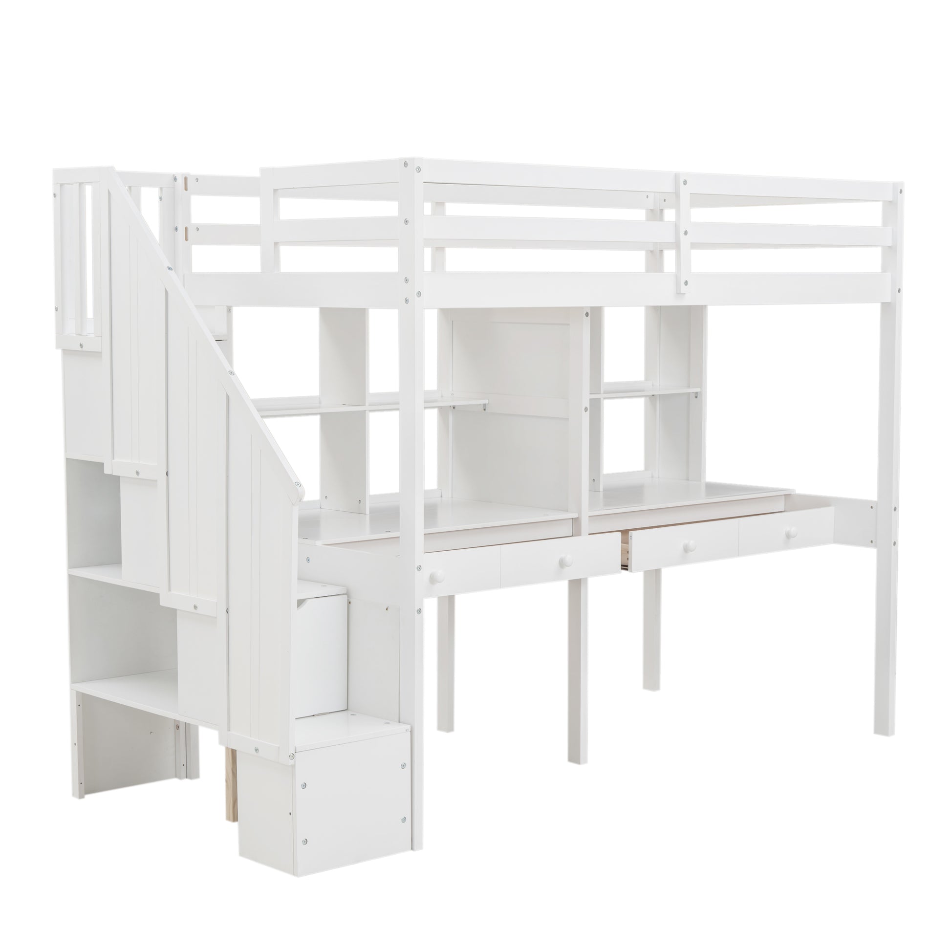 Twin Size Loft Bed Frame With Storage Staircase And Double Desks And Shelves,White Twin White Solid Wood Mdf