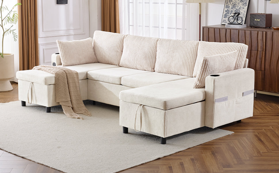 111.8" Sectional Sofa Pull Out Sofa Bed Versatile Sofa Sleeper With Large Storage Space, Two Usb Ports And Two Cup Holders For Living Room, Beige Beige Foam Chenille 4 Seat