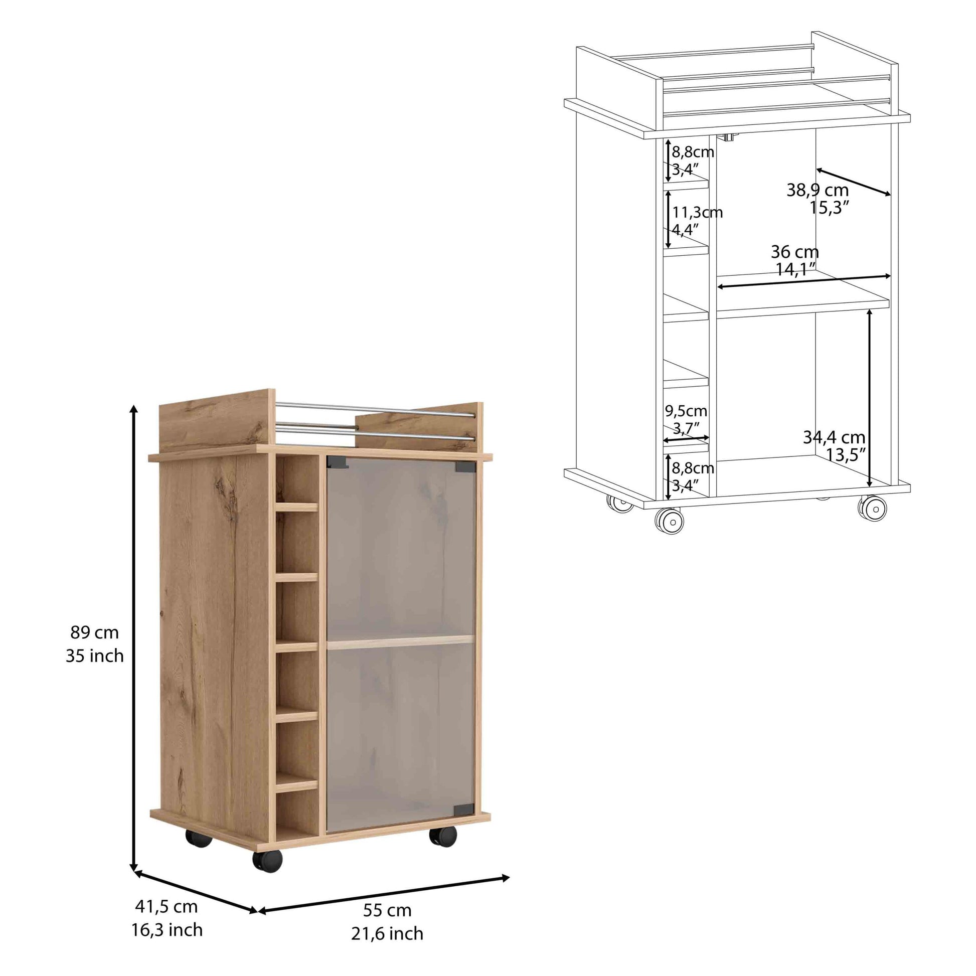 32" H Light Oak Bar Coffee Cart, Kitchen Or Living Room Cabinet Storage With With 4 Wheels, With 6 Bottle Racks, A Central Shelf Covered By 1 Glass Door, 1 Support Surface With Aluminum Front. Beige Particle Board Particle Board