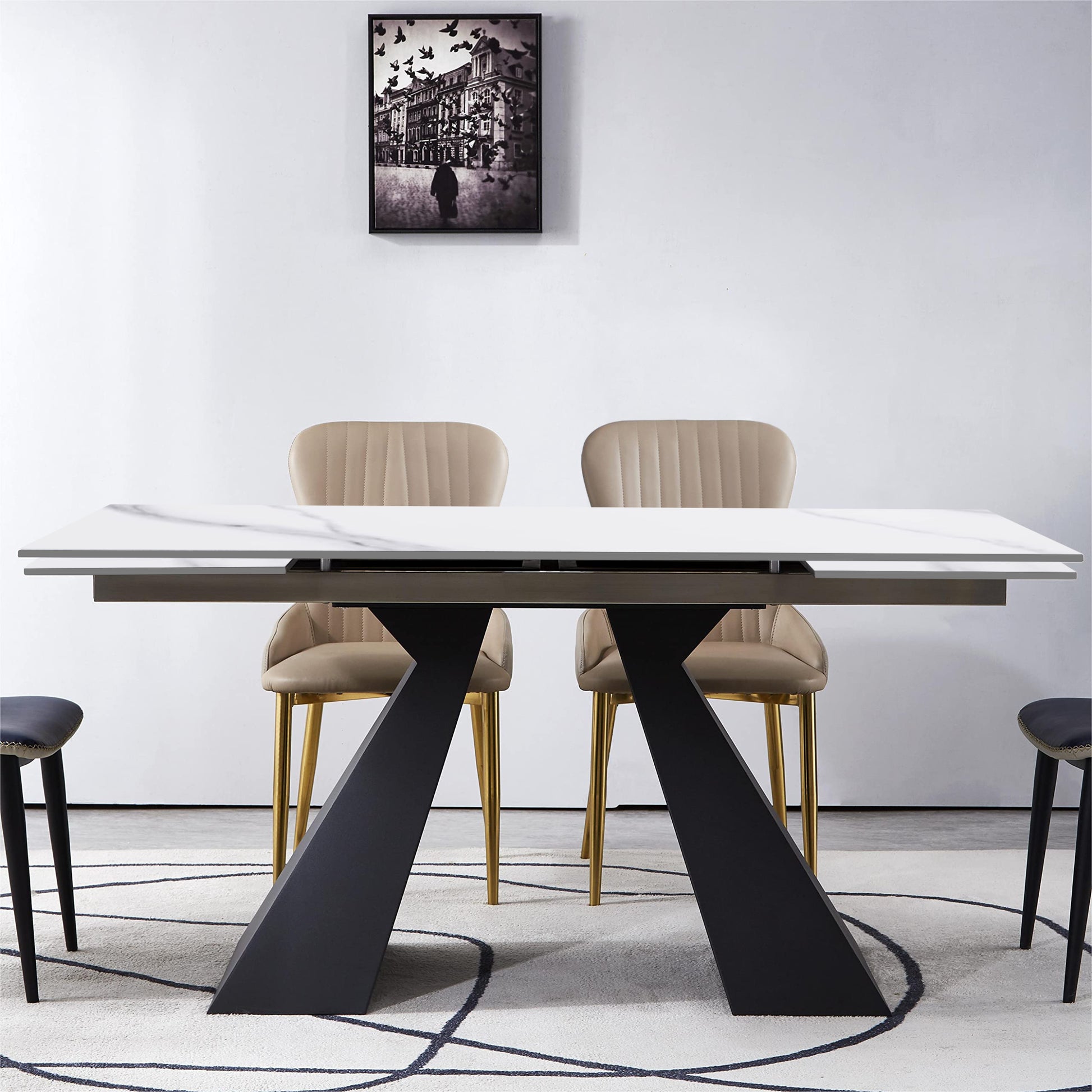 Modern Extendable Dining Table, Maximum Expanded 79", Antique White Sintered Stone Tabletop Dining Table With Black Carbon Steel Base, Rectangular Dining Room Table For 6 8 Matte White Freestanding Rectangular Carbon Steel Sintered Stone