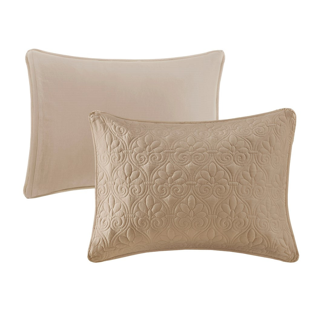 3 Piece Split Corner Pleated Quilted Bedspread Khaki Queen Khaki Polyester