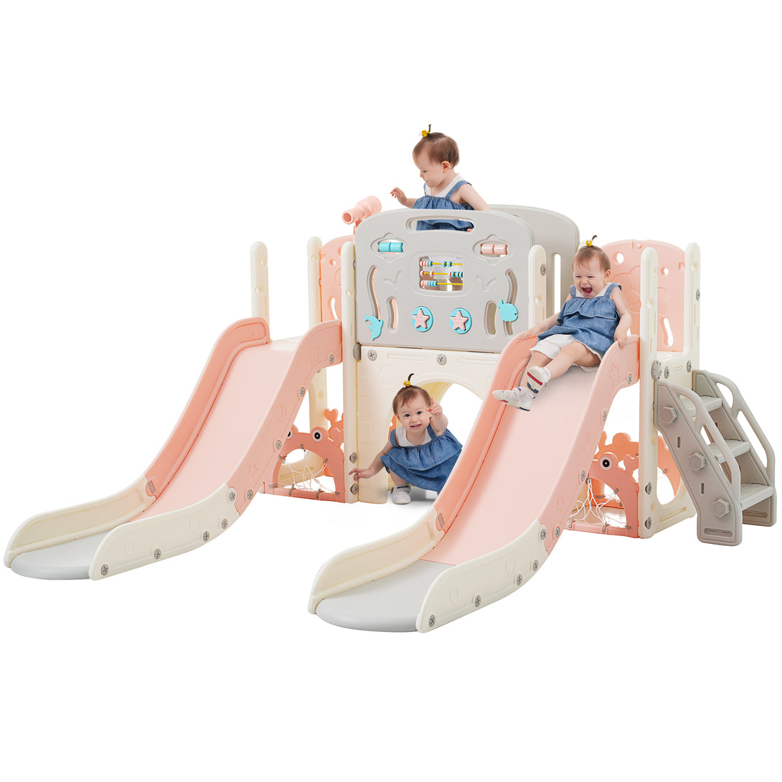 Kids Slide Playset Structure 8 In 1, Freestanding Ocean Themed Set With Slide, Arch Tunnel,Basketball Hoop And Telescope, Double Slides For Toddlers, Kids Climbers Playground Pink 50 99 Lbs Cute 1 To 2 Years Hdpe Indoor & Outdoor Use