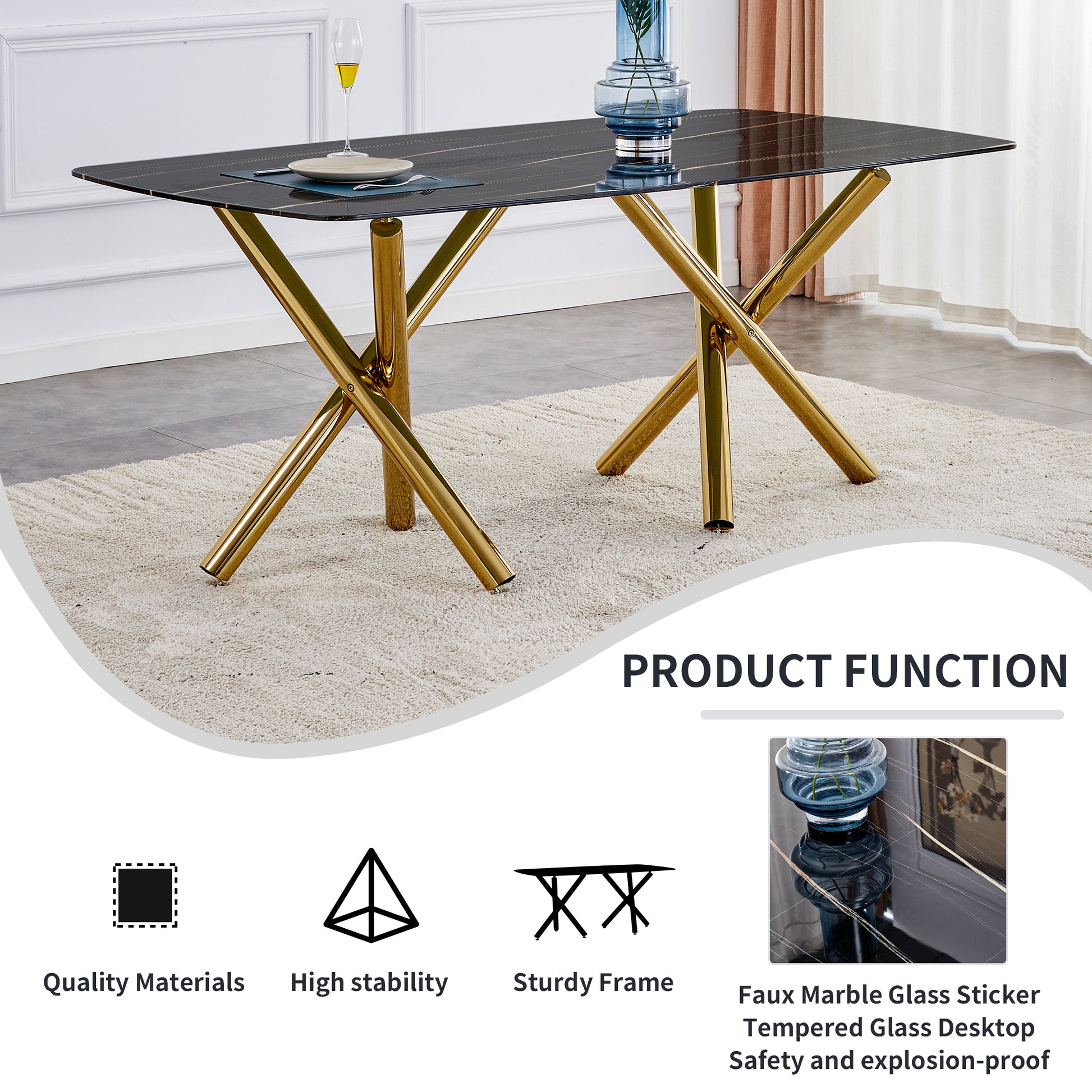 Large Modern Minimalist Rectangular Dining Table With 0.39 "Imitation Marble Black Desktop And Gold Metal Legs, Paired With 8 Chairs With Pu Cushions And Black Metal Legs.F 1538 C 007 Black Gold Glass Metal