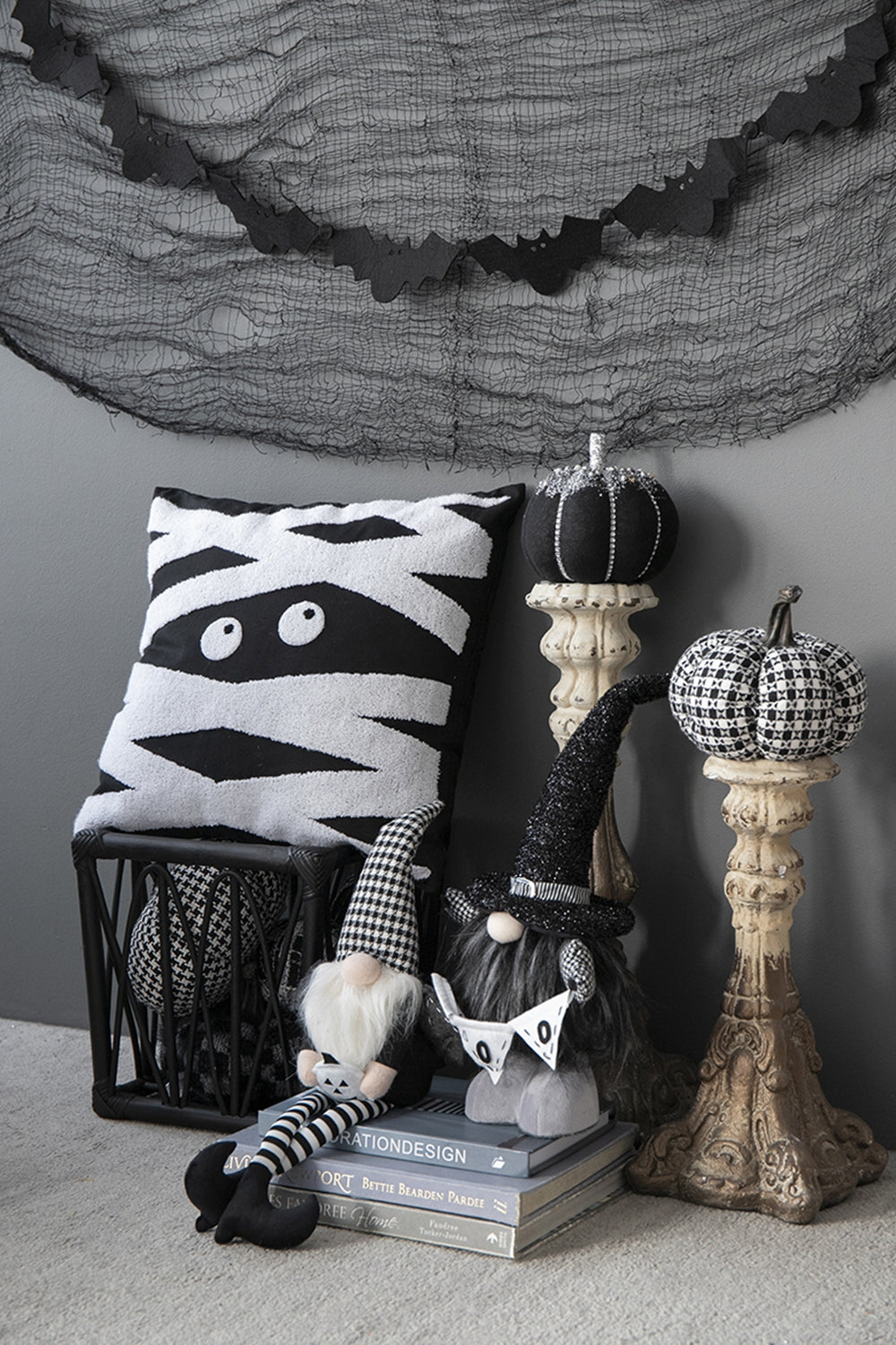 6X4X20" Fabric Black Gnome With 'Boo' Banner, For Halloween Decor Black White Polyester