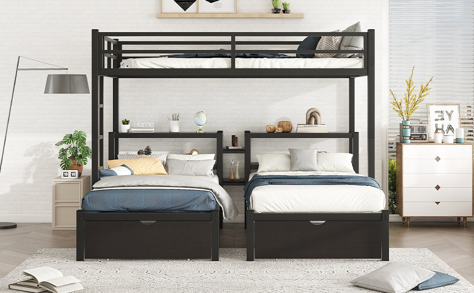 Full Xl Over Twin & Twin Triple Bunk Bed With Drawers,Multi Functional Metal Frame Bed, Bed Head With Shelving, Black Full Xl Black Metal