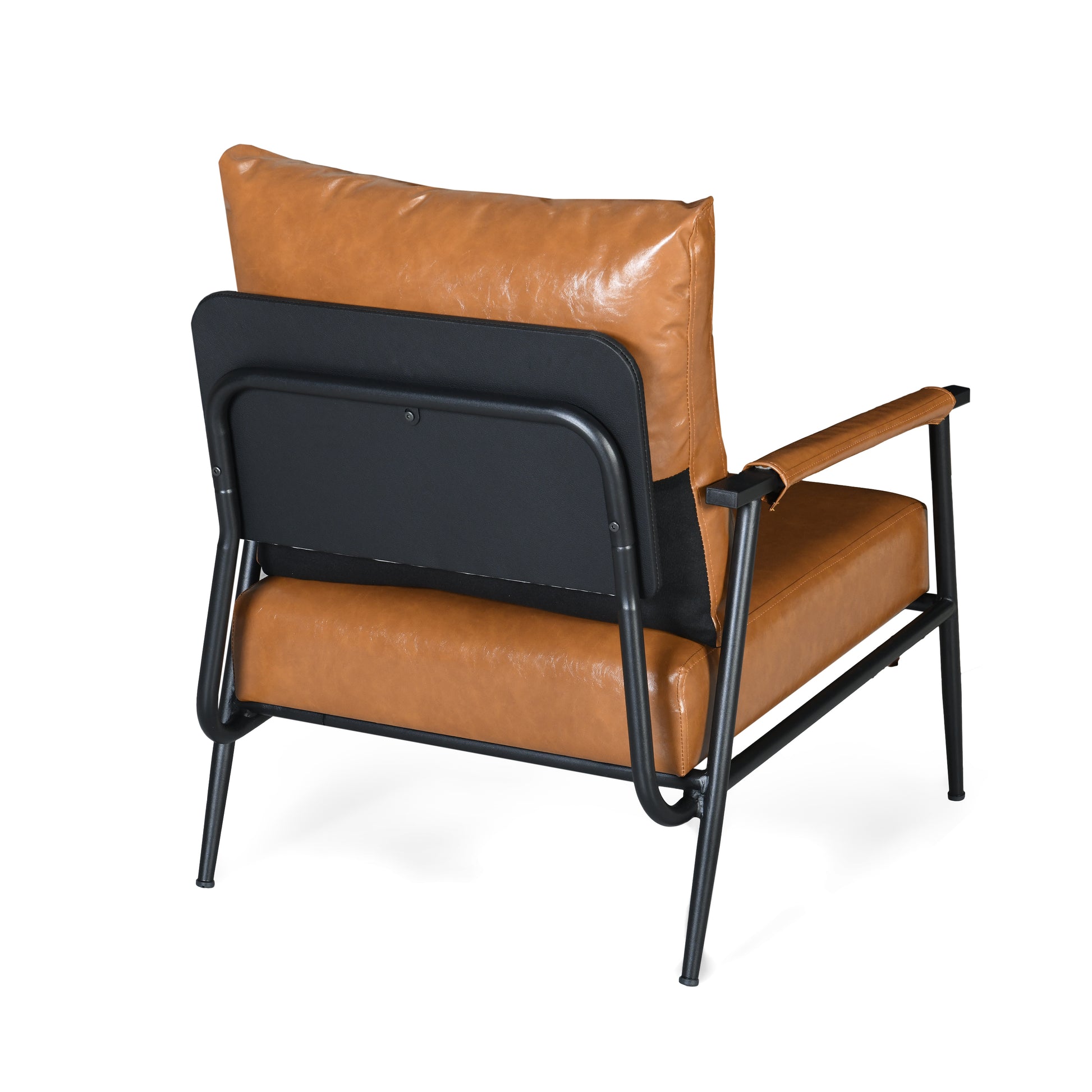 Mid Century Modern Accent Chair With Brown Faux Leather Upholstery, Padded High Backrest, Metal Frame And Wood Armrests, Perfect For Living Room, Bedroom, Or Office Brown Metal,Pu Leather