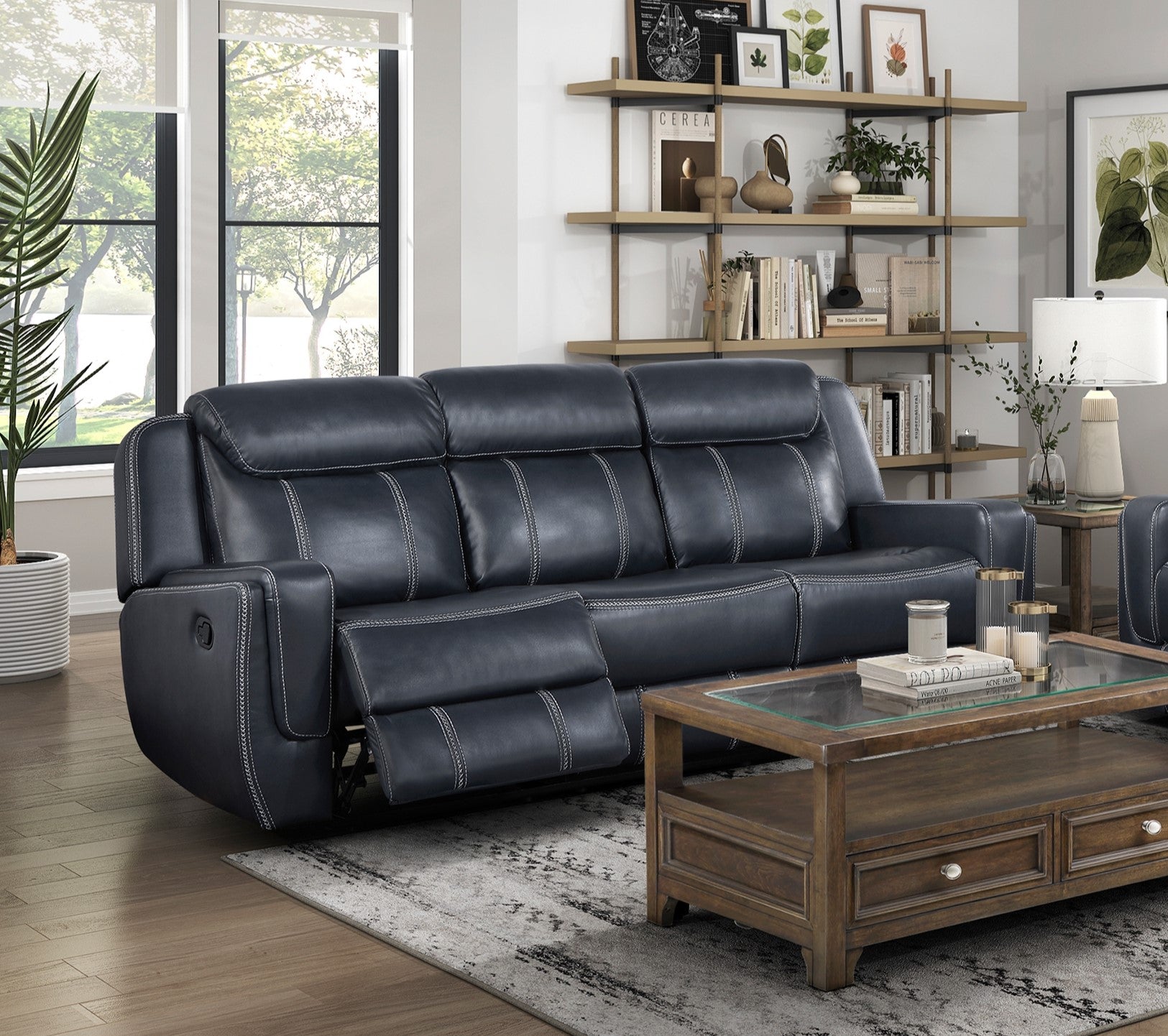 Modern Blue Dual Reclining Sofa With Center Drop Down Cup Holders,Faux Leather Upholstery, Usb Ports Living Room Furniture 1Pc Blue Faux Leather Wood Primary Living Space Modern Plywood,Solid Wood 3 Seat