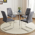 Table And Chair Set.A Modern Minimalist Round Dining Table With Transparent Tempered Glass Top And Silver Metal Legs,And 4 Chairs With Pu Backrest And Seat Cushion And Silver C Tube Metal Legs. Dark Gray,Transparent Seats 4 Glass Metal