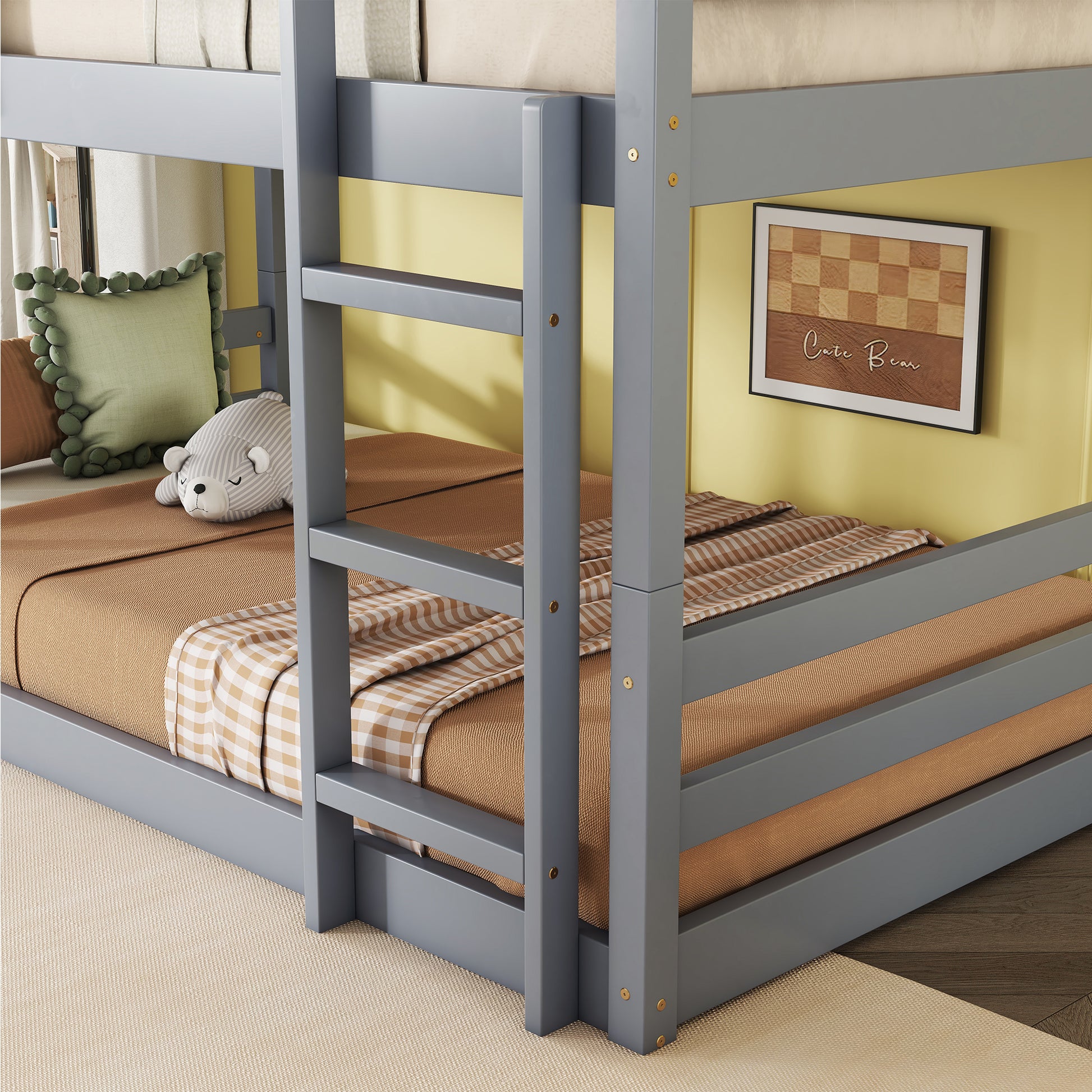 Triple Rubber Wood Bunk Bed With Two Built In Ladders, Guardrails, Twin Over Twin Over Twin, Detachable Triple Twin Bunk Bed,Grey Twin Grey Bedroom American Design Bed Frame Rubber Wood