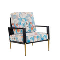 Retro Low Back Floral Print Velvet Accent Armchair With Gold Metal Legs & Rubberwood Frame, Wide Armrest Mid Century Lounge Chair With Pillow Back, Sofa Chair For Living Room & Balcony, Blue Floral