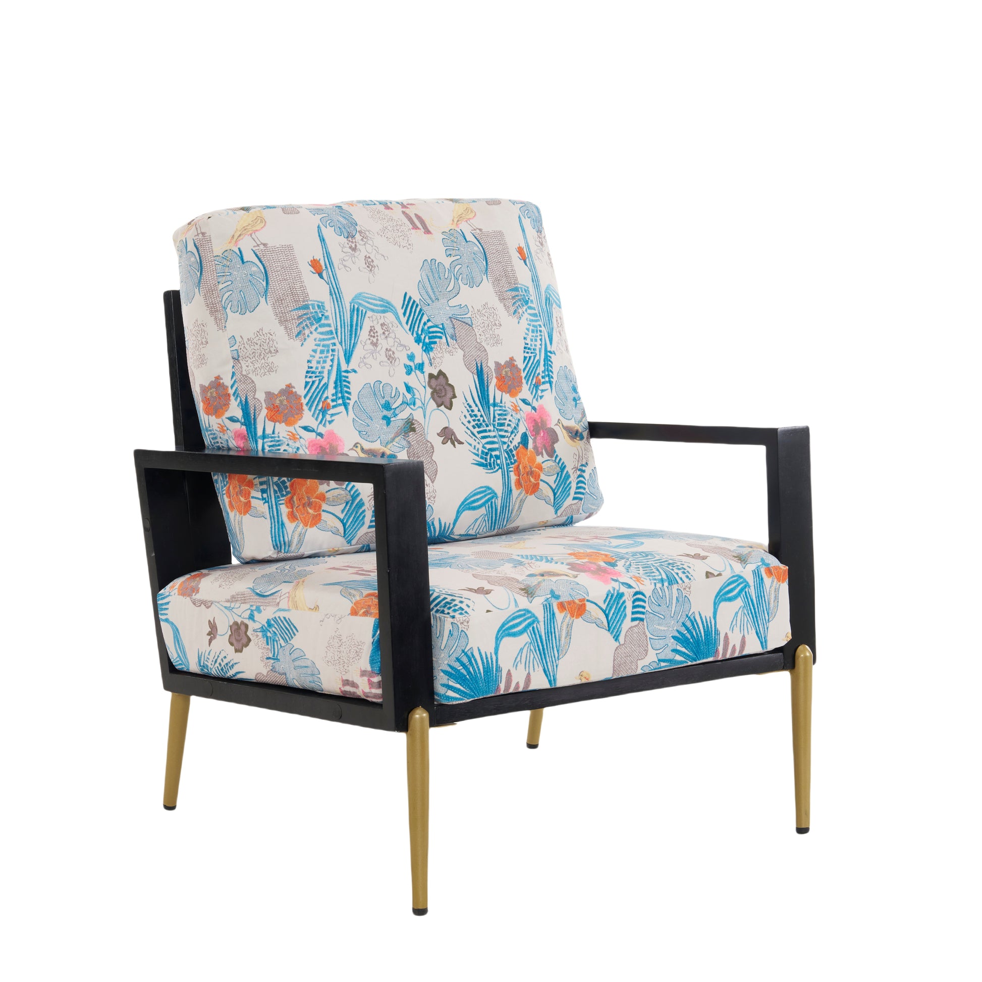 Retro Low Back Floral Print Velvet Accent Armchair With Gold Metal Legs & Rubberwood Frame, Wide Armrest Mid Century Lounge Chair With Pillow Back, Sofa Chair For Living Room & Balcony, Blue Floral