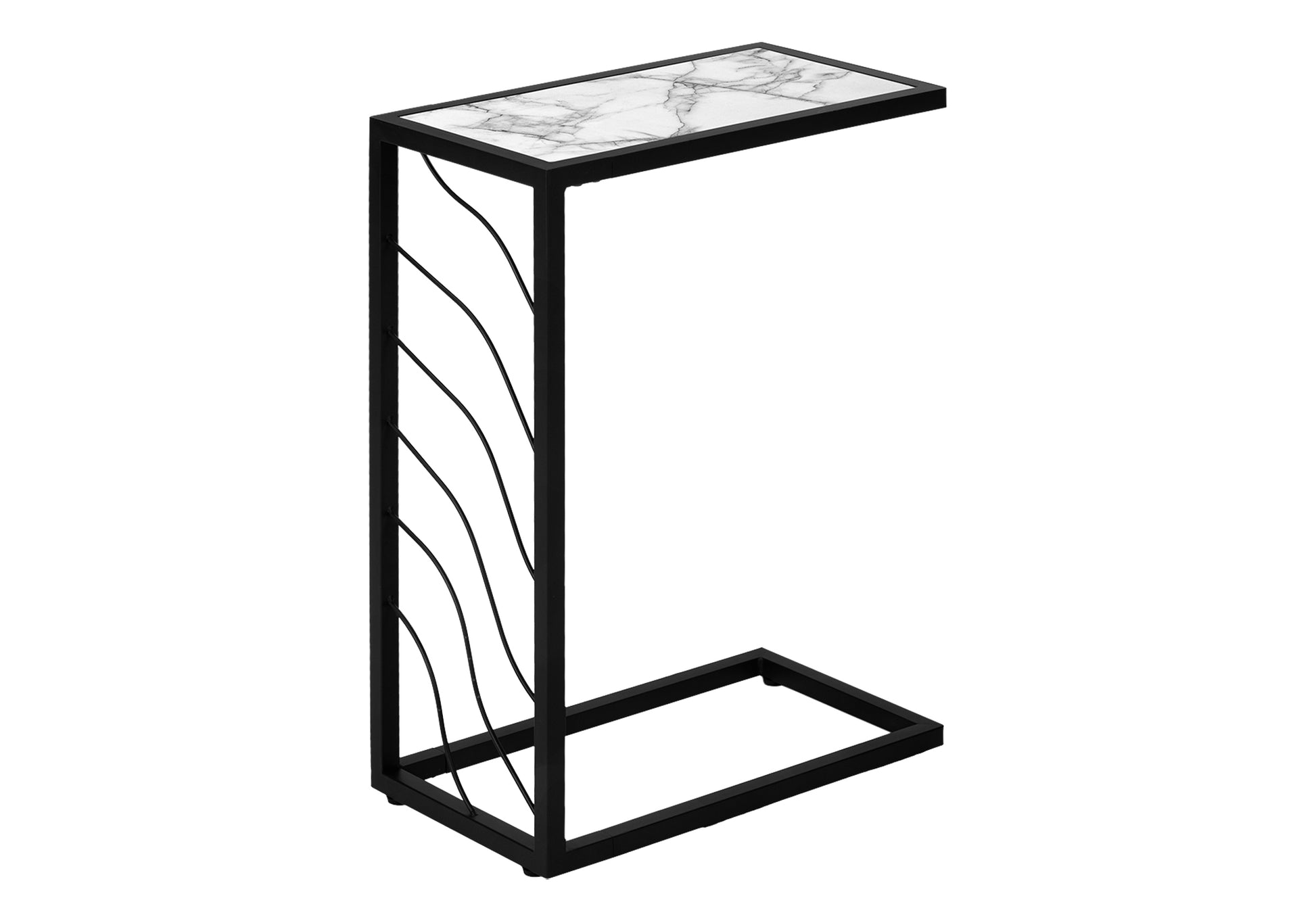 Accent Table, C Shaped, End, Side, Snack, Living Room, Bedroom, White Marble Look Laminate, Black Metal, Contemporary, Modern White Metal