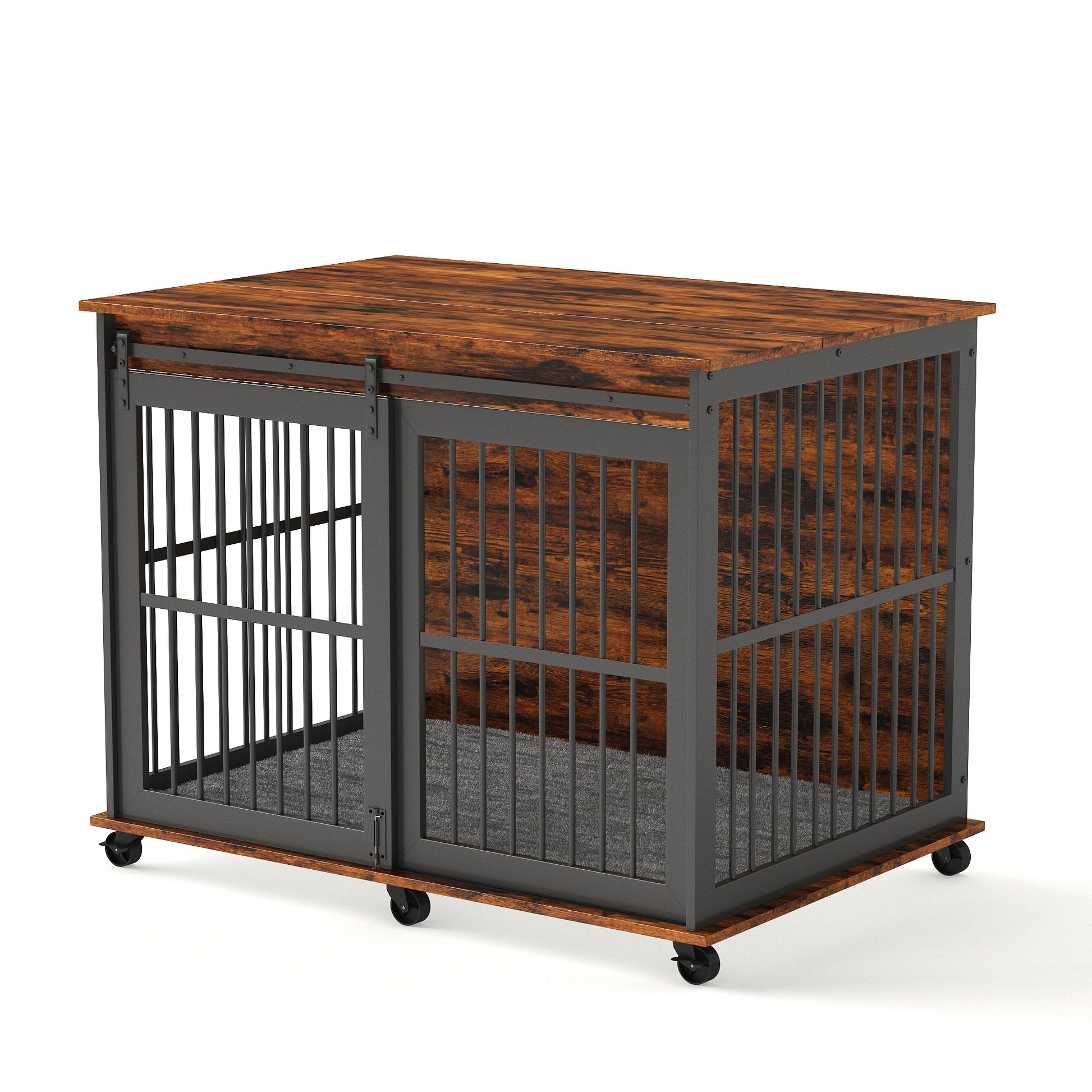 Furniture Dog Crate Sliding Iron Door Dog Crate With Mat. Rustic Brown,43.7''W X 30''D X 33.7''H . Rustic Brown Particle Board