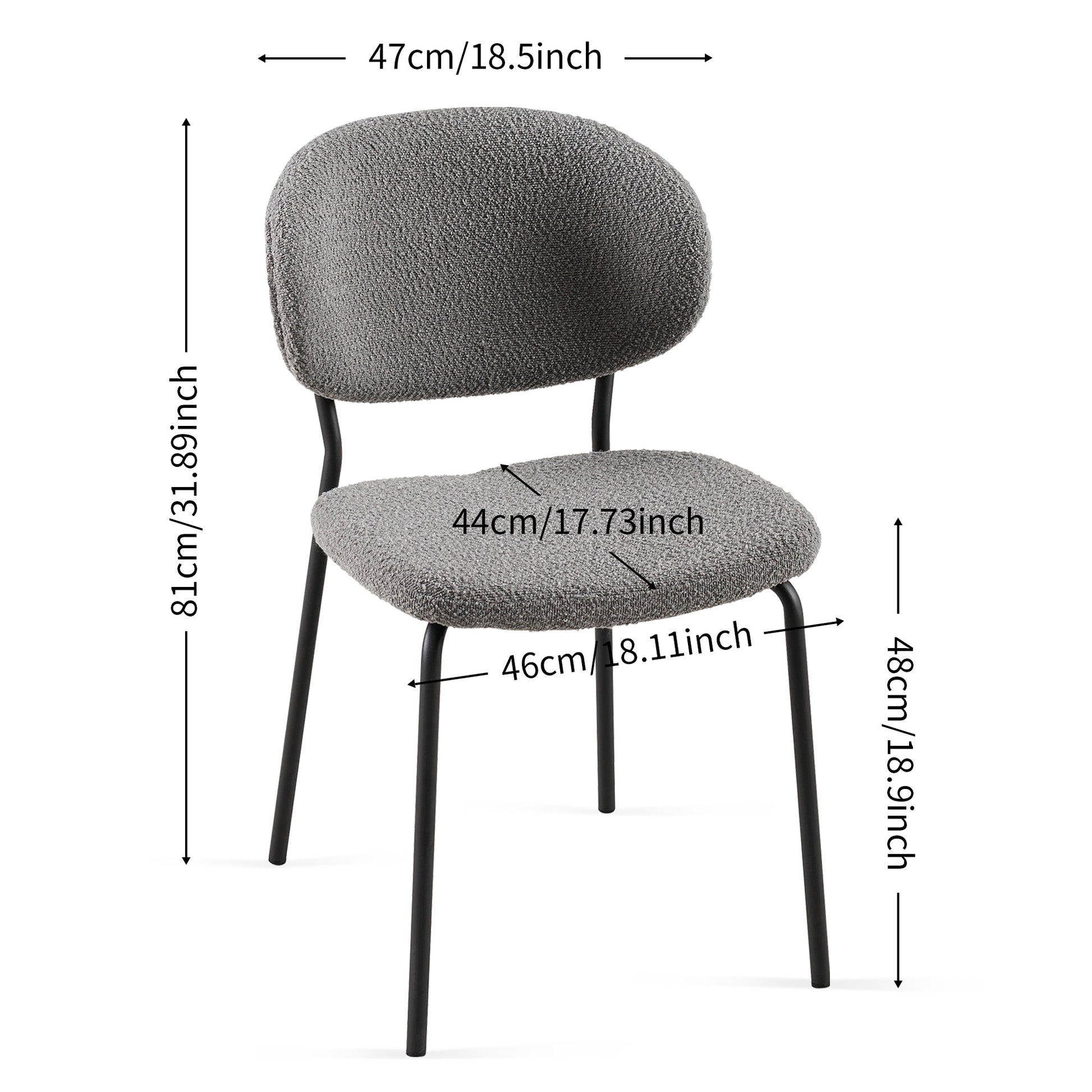 Grey Boucle Fabric Dining Chairs Set Of 4, Modern Dining Room Chairs With Black Metal Legs, Armless Kitchen Chair For Dining Room, Living Room Metal Plaid Gray Dining Room Powder Coated Foam Dry Clean Modern Dining Chairs Solid Back Foam Boucle