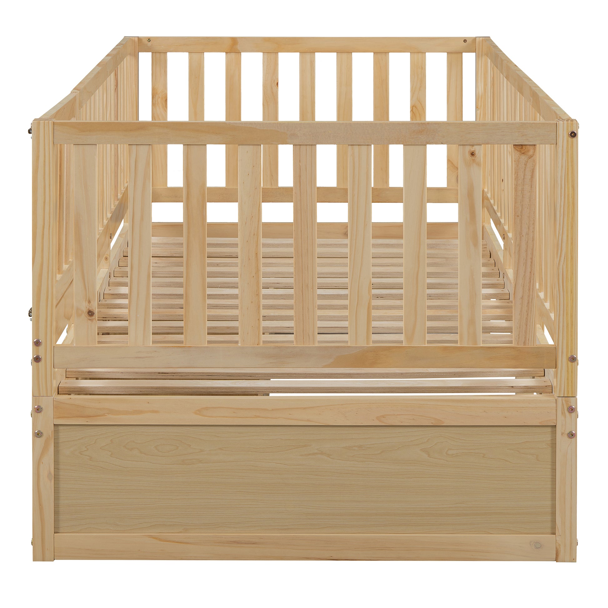 Twin Size Wood Daybed With Fence Guardrails And 2 Drawers, Split Into Independent Floor Bed & Daybed, Natural Old Sku :Lp000881Aan Twin Natural Solid Wood Mdf