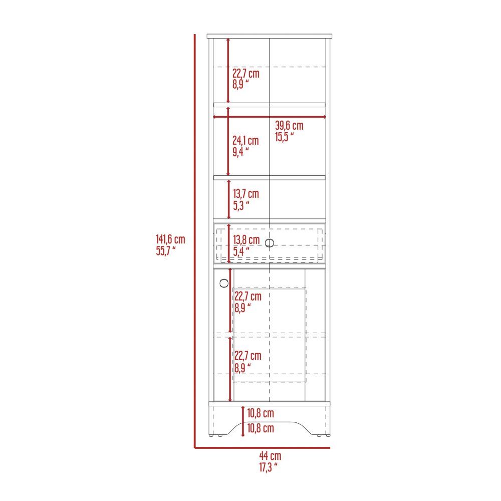 Linen Single Door Cabinet 55" H, Three External Shelves, One Drawer, Two Interior Shelves, Light Oak White Multicolor Particle Board Particle Board
