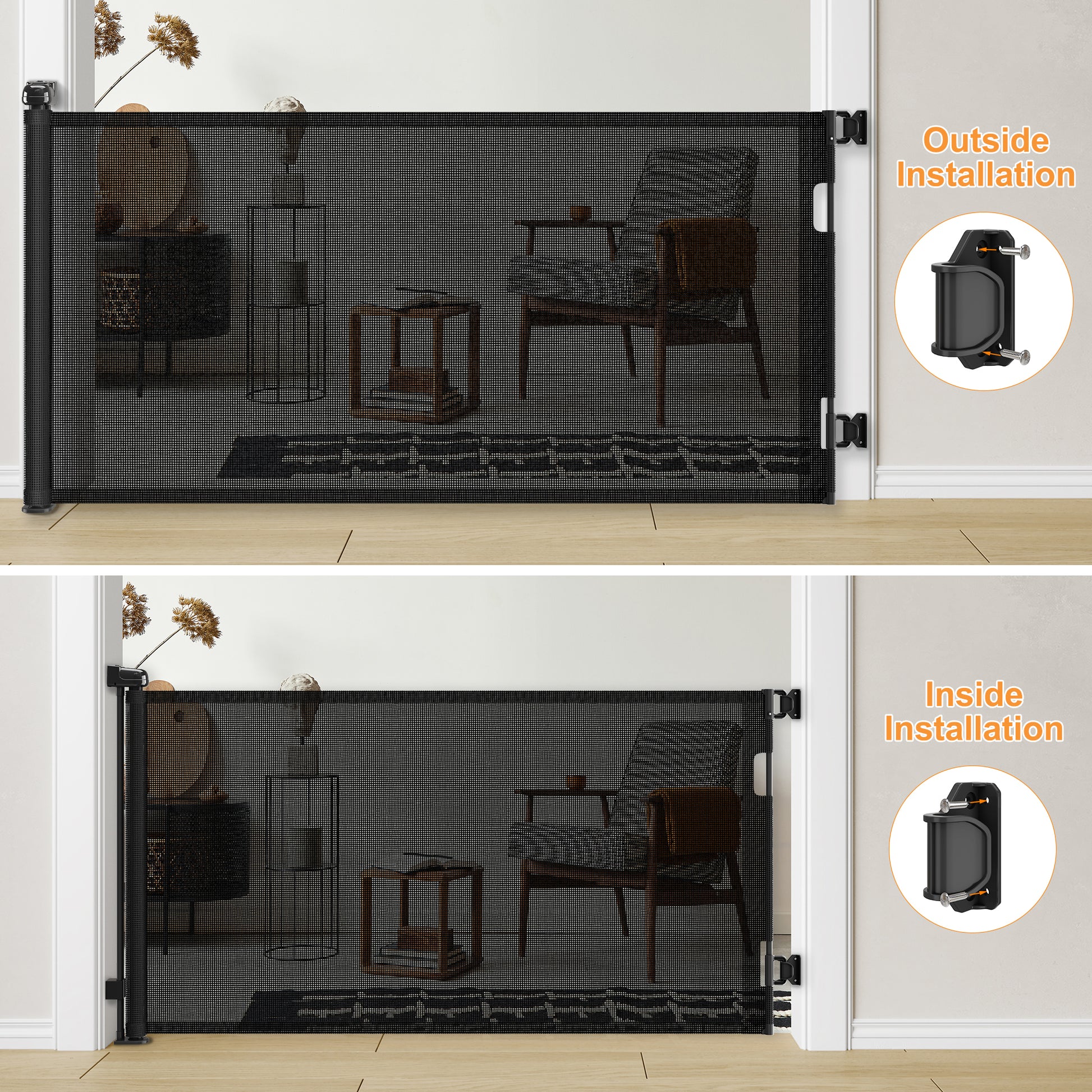 2 Pack Retractable Baby Gate, Mesh Dog Gate For Doorways, Extends Up To 55" Wide, 33" Tall Child Safety Gate For Doorways, Indoor & Outdoors, Stairs, Hallways, Black Black Plastic