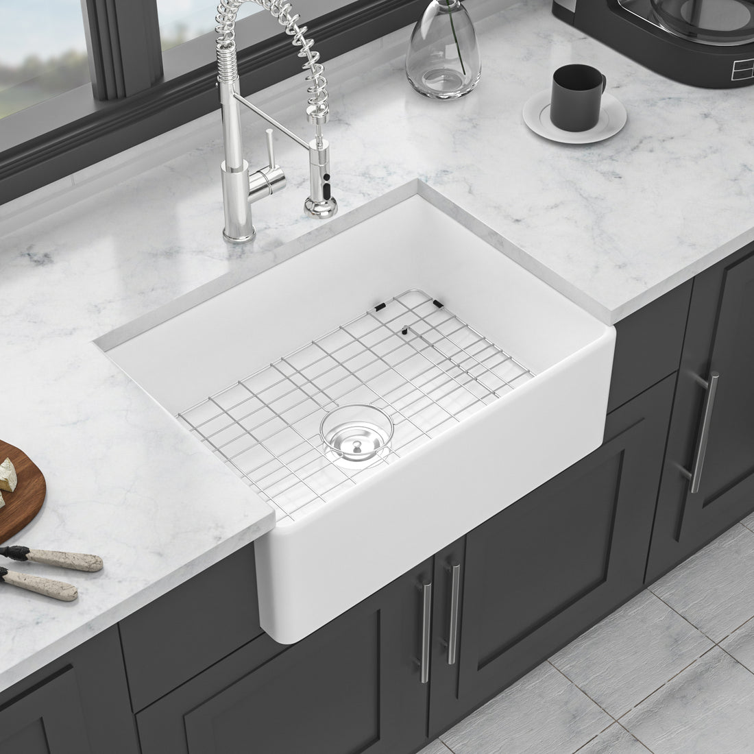 28 White Farmhouse Sink 28 Inch Kitchen Sink Ceramic Single Bowl With Drain Assembly And Bottom Grid White Ceramic