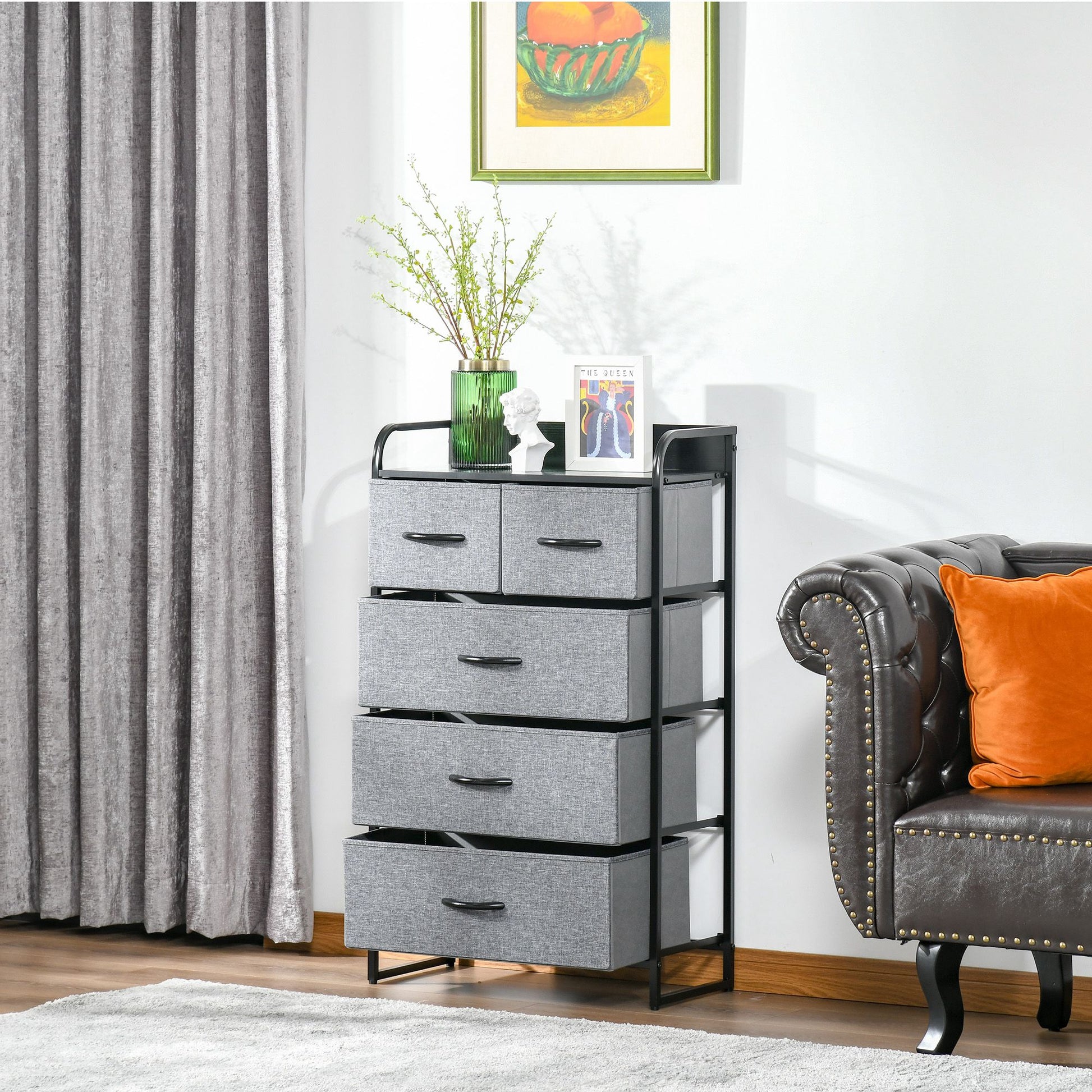 Homcom 5 Drawer Dresser, Fabric Chest Of Drawers, 4 Tier Storage Organizer For Bedroom Entryway, Tower Unit With Steel Frame Wooden Top, Gray Gray Linen