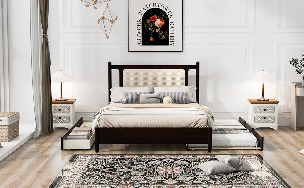 Queen Size Wooden Rattan Platform Bed, With 2 Big Drawers, T Size Trundle, Espresso Queen Espresso Plywood