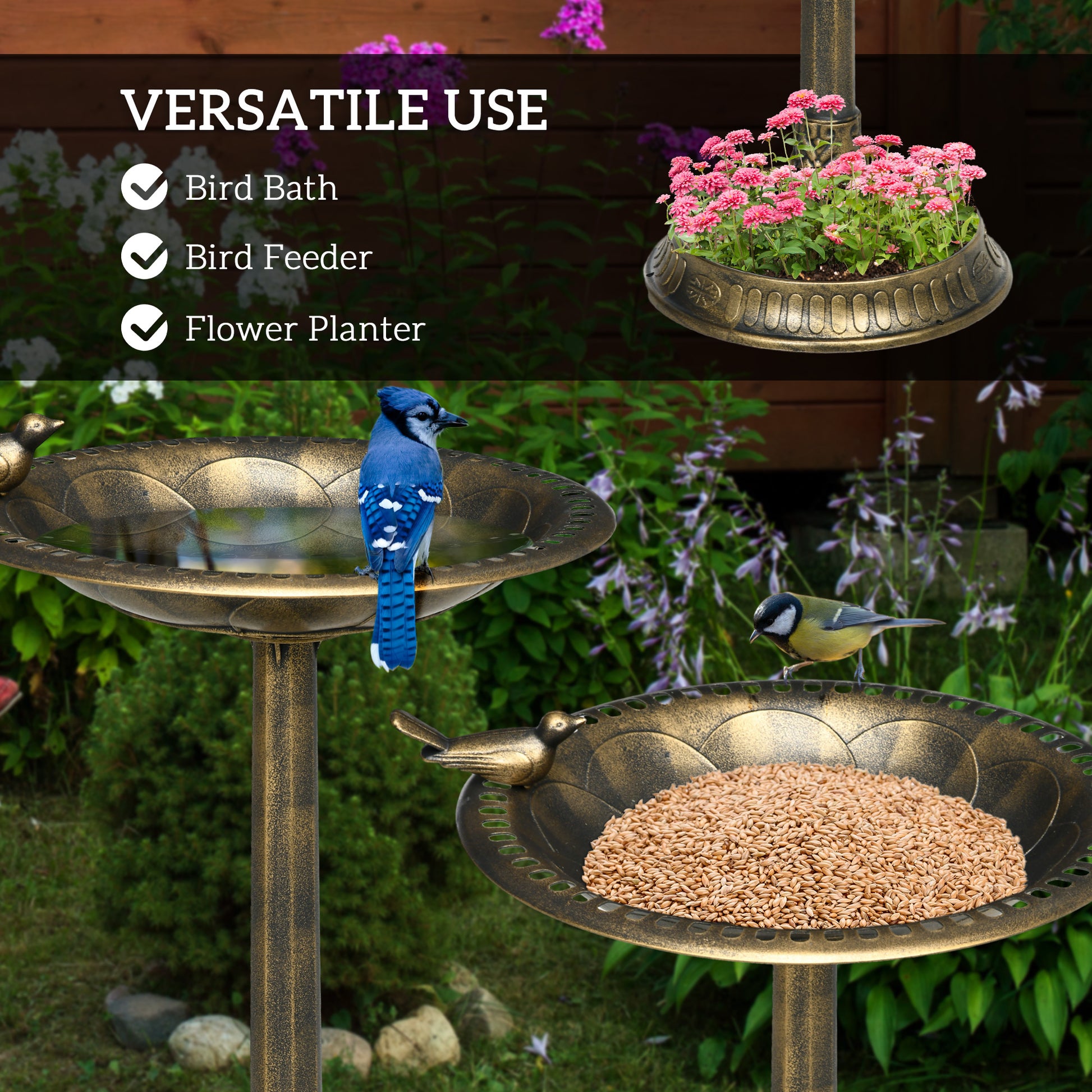 Outsunny 28" Antique Bird Bath With Pedestal Flower Planter Base, Vintage Style Decorative Birdbath & Bird Feeder Bowl, Decoration Yard Statue, Bronze Bronze Polypropylene