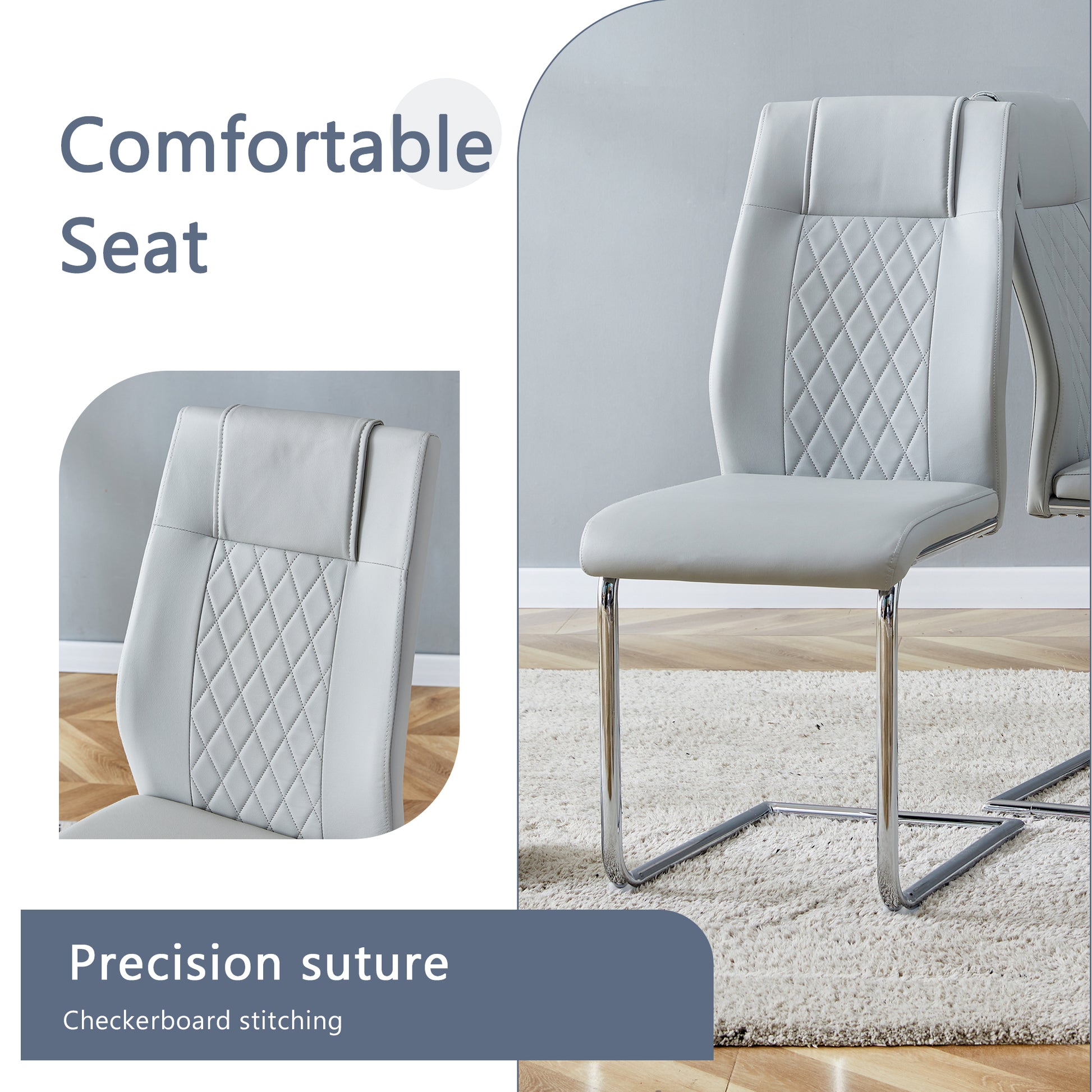 Table And Chair Set.63"X31.5X30" Black Marble Patterned Slabs Tabletop With Stainless Steel Butterfly Legs.Paried With 6 Light Gray High Quality Pu Chairs With Silver Metal Legs. Light Gray,Silver