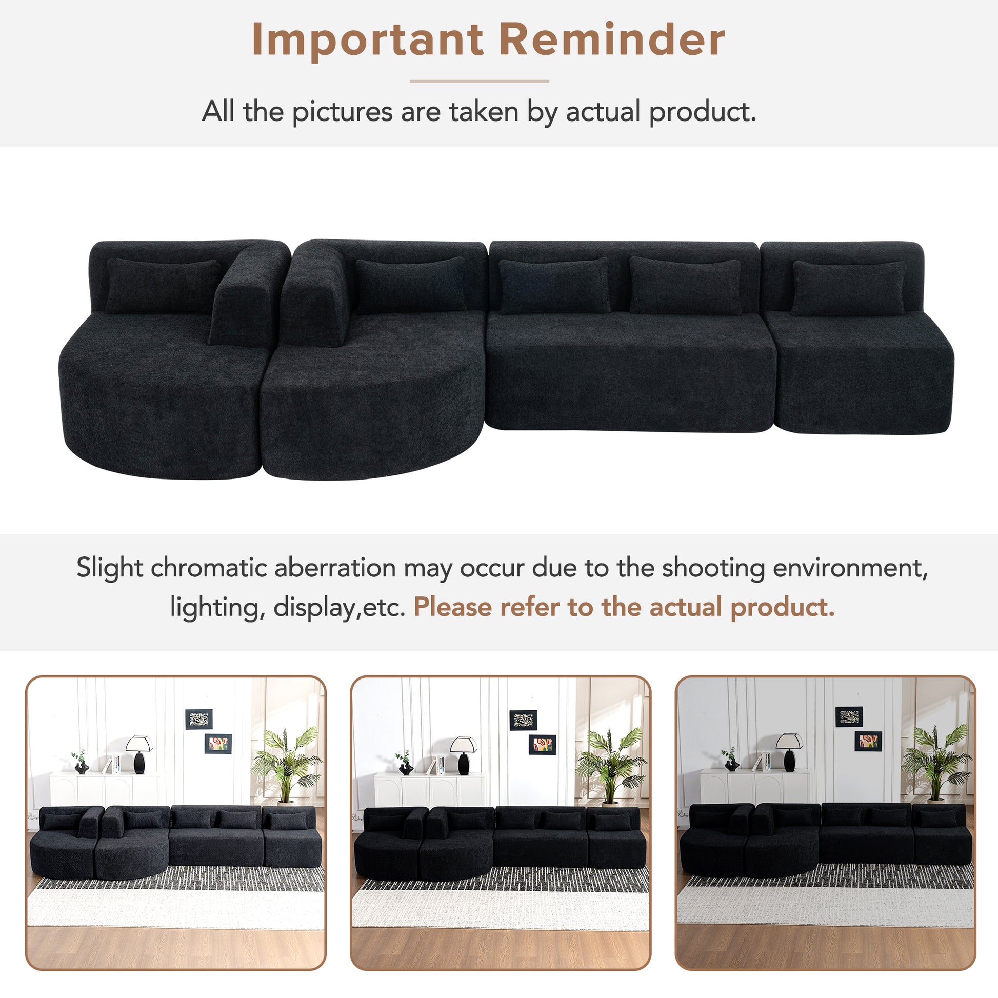 143.7" Upholstered Sofa Free Combined Sofa Couch With Two Chaise Lounge And Five Back Pillows For Living Room, Black Black Foam Polyester 5 Seat