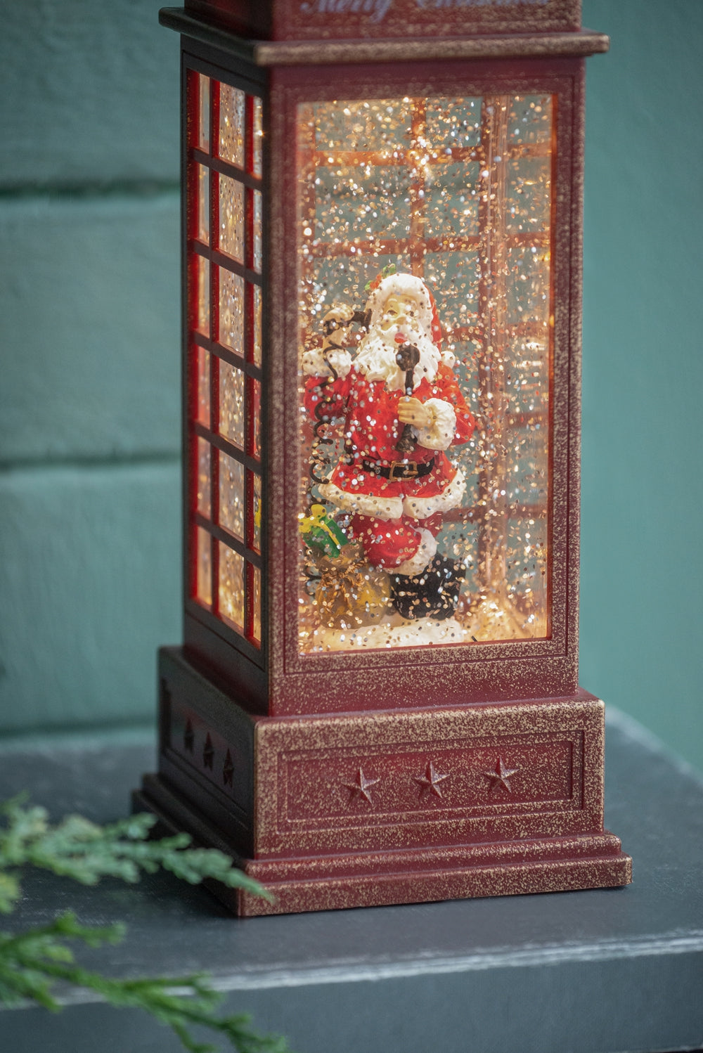 4X4X10"H Christmas Lighted Water Spinning Phone Booth With Santa On Phone, 3*Aa Batteries Required White Red Plastic
