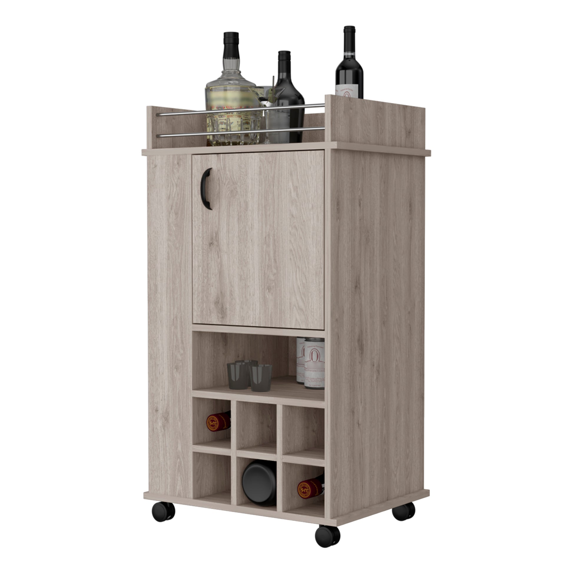 Farson Bar Cart With 2 Side Shelf, 6 Built In Wine Rack And Casters Freestanding 5 Or More Spaces Light Gray Primary Living Space Mobile Classic,Contemporary Pine Particle Board Engineered Wood