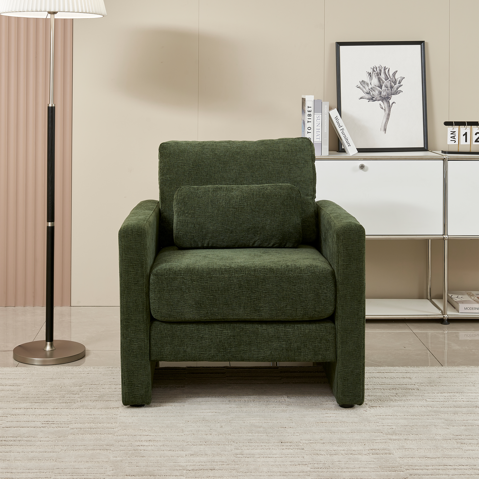 Modern Accent Chair, Chenille Upholstery Armchair Modern Style, Solid Wood Frame Ideal For Living Room, Bedroom, Office Green Wood Foam Chenille 1 Seat