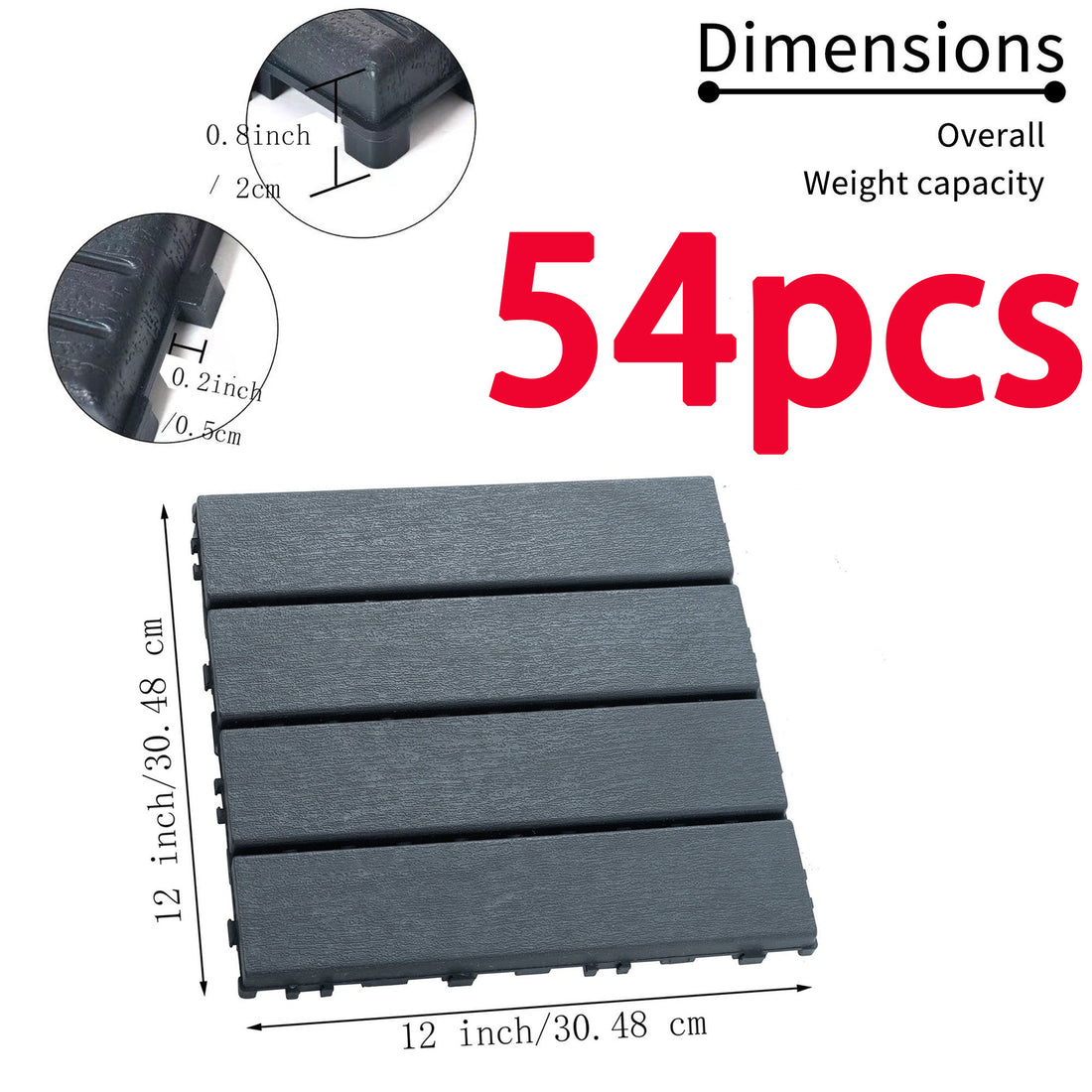 54 Pack Interlocking Plastic Deck Tiles 12"X12" Square Waterproof Outdoor Poolside Balcony Backyard Decking Tiles Easy Installation Sturdy Pp Material Strong Load Bearing Capacity Grey Plastic