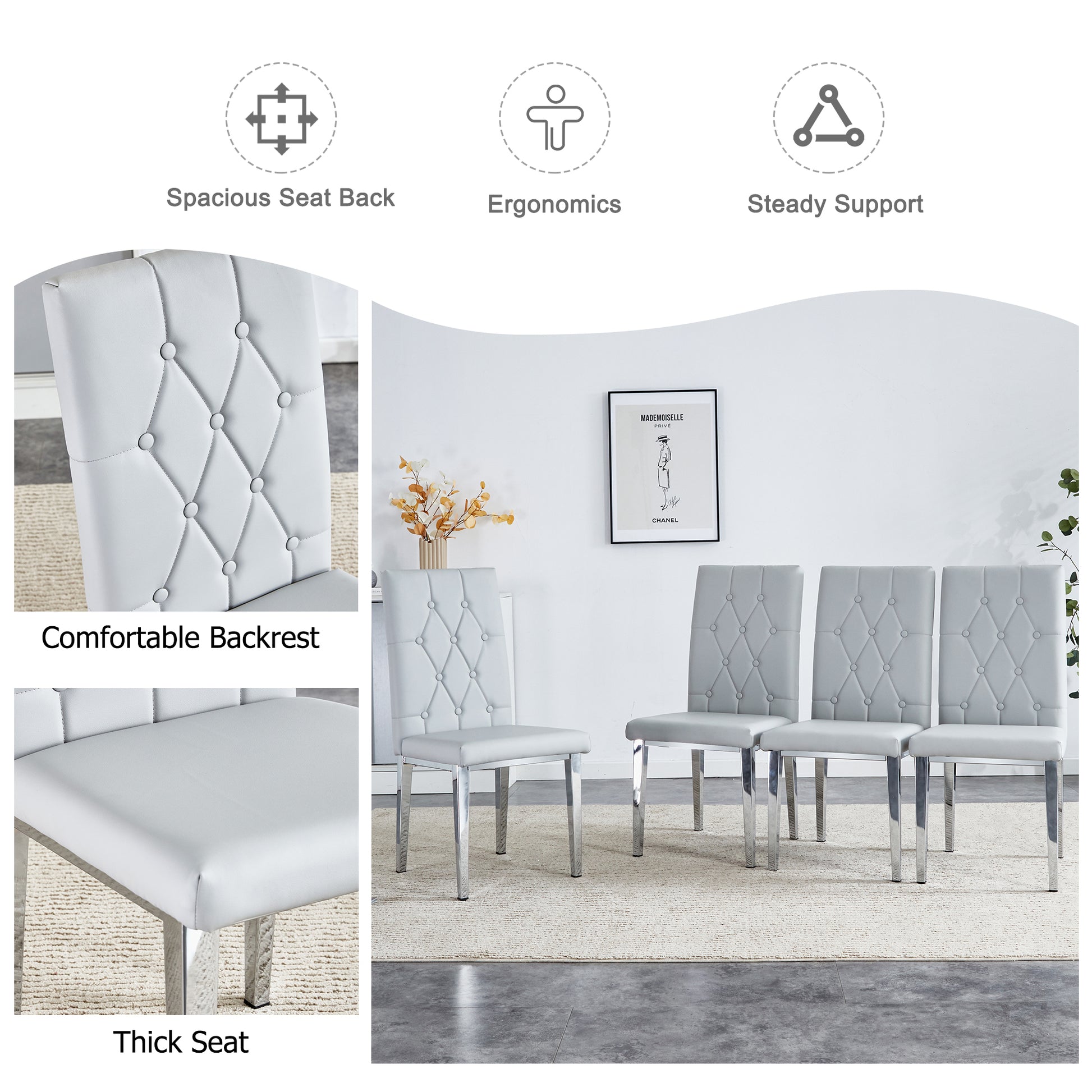 Table And Chair Set, Modern Dining Table, Tempered Glass Tabletop And Silver Colored Leg Table, Soft And Comfortable Dining Chair, Perfect For Dinner, Meetings, Home And Office Decor Gray Seats 4 Glass