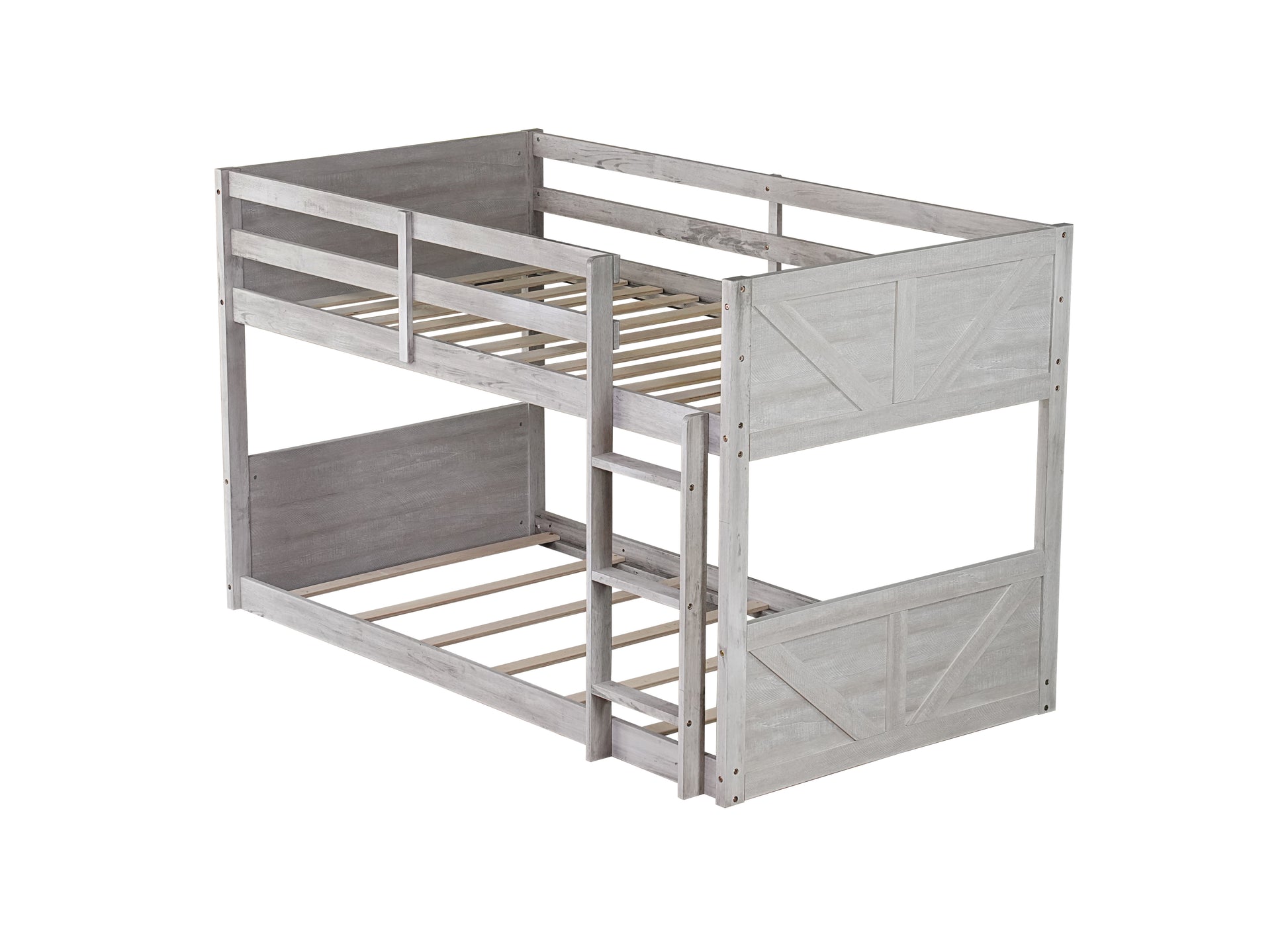 Twin Over Twin Floor Bunk Bed With Panelled Headboard And Footboard, Solid Rubber Wood Foundation With Safety Guardrails, Built In Ladder,Antique White Twin Antique White Rubber Wood