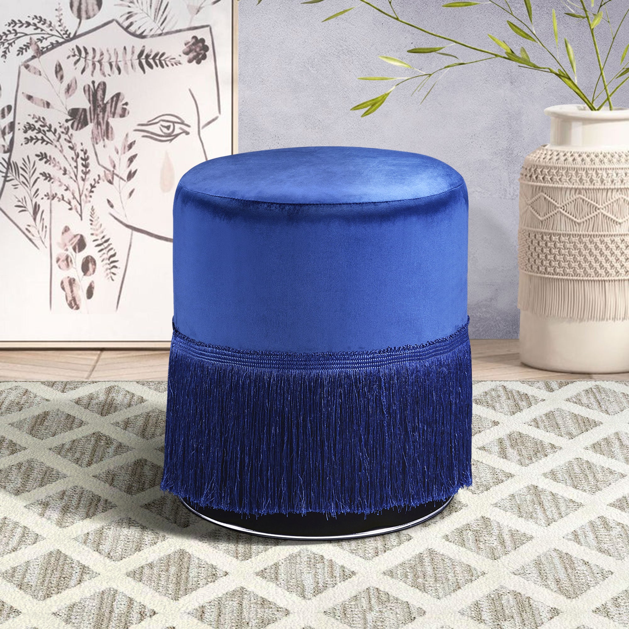 Midnight Blue Round Ottoman With Fringe Blue Velvet Primary Living Space Backless Solid Blue Round Armless Velvet