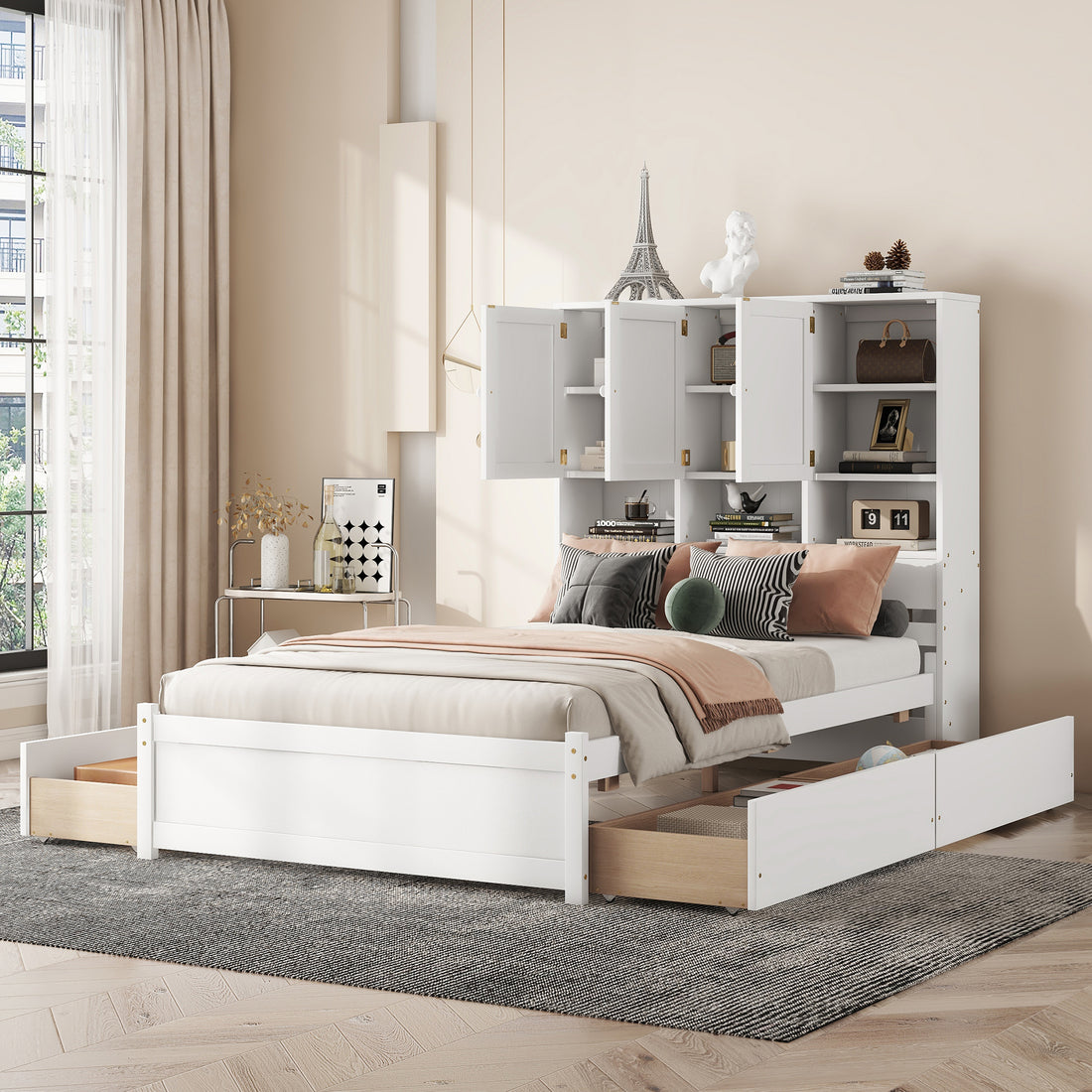 Full Size Platform Bed With Storage Headboard And 4 Drawers, White Box Spring Not Required Full White Wood Bedroom Bed Frame Solid Wood Mdf