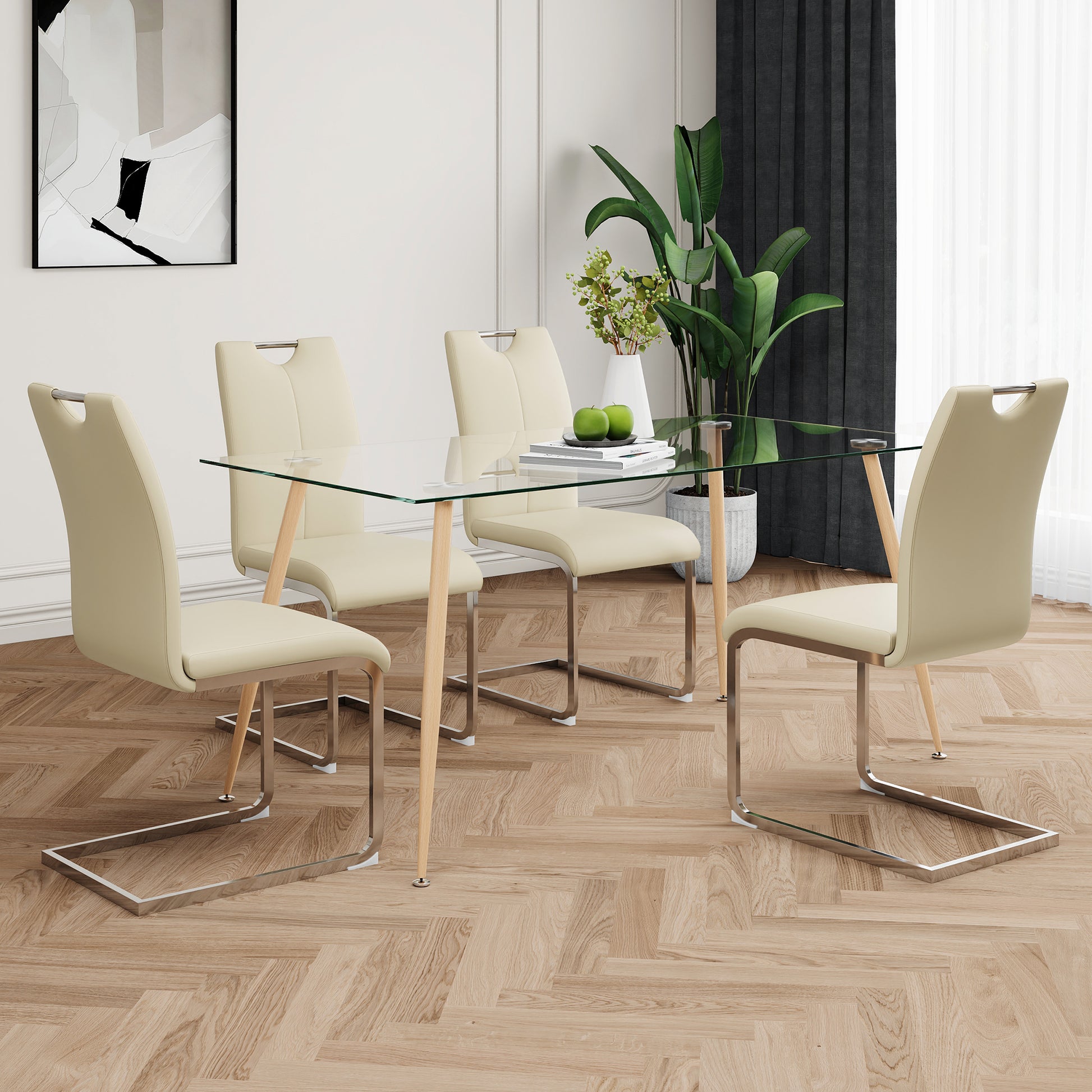 Modern Simple Rectangular Glass Dining Table, Solid Tempered Glass Countertop, Wood Transfer Metal Table Legs, Light Yellow Pu Dining Chair Set, Suitable For Restaurant Kitchen Use Set Of 5 Upholstered Chair Glass Light Yellow Seats 4 Metal Rectangular