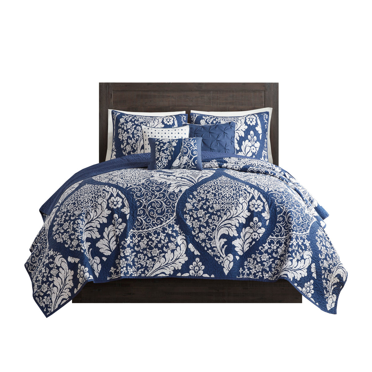 6 Piece Printed Cotton Quilt Set With Throw Pillows Indigo Full Queen Indigo Polyester