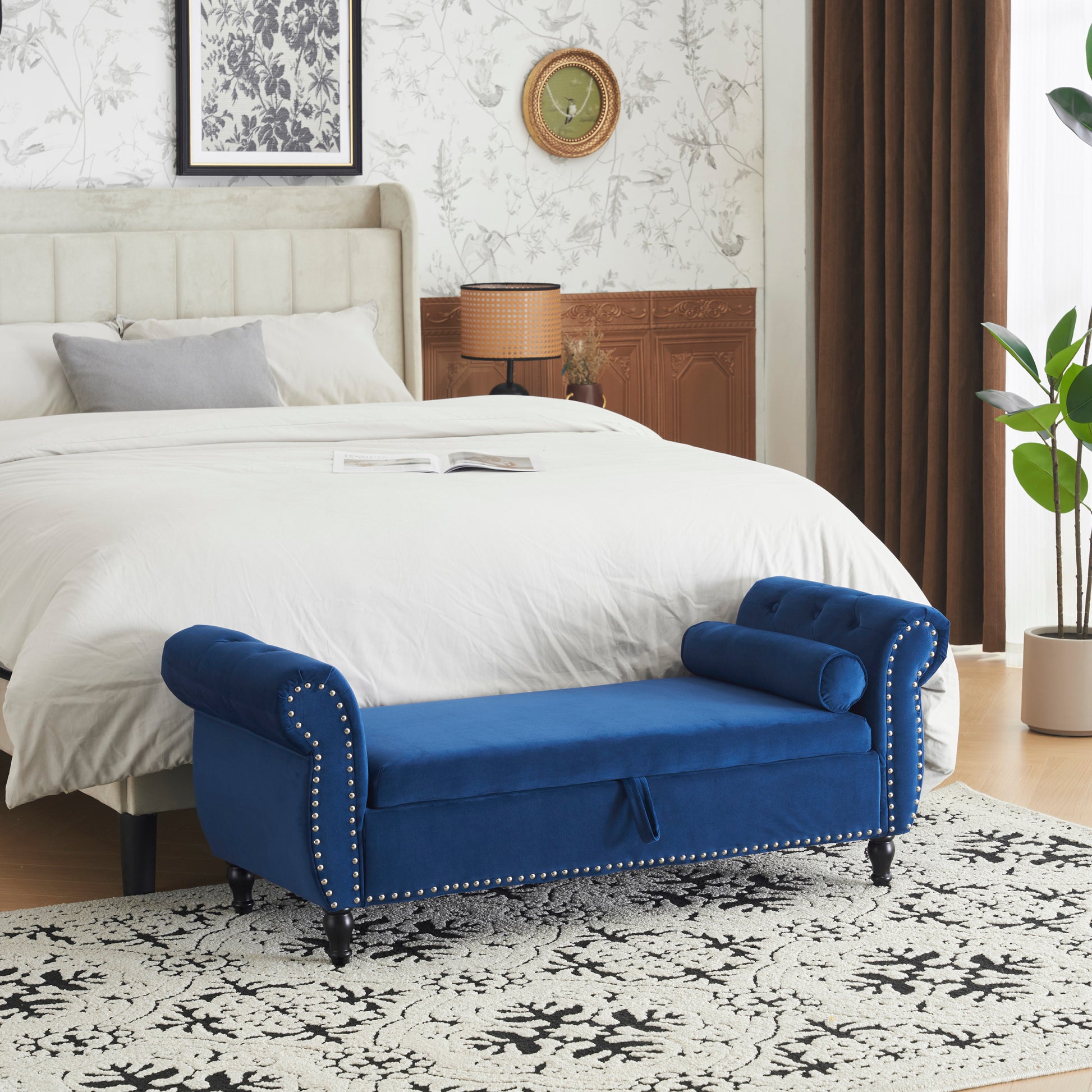 Velvet Multifunctional Storage Rectangular Ottoman Bench With 1 Pillow, Navy Blue Antique Navy Blue Polyester Wood Solid Beige Pine Flip Top Polyester With Storage Velvet