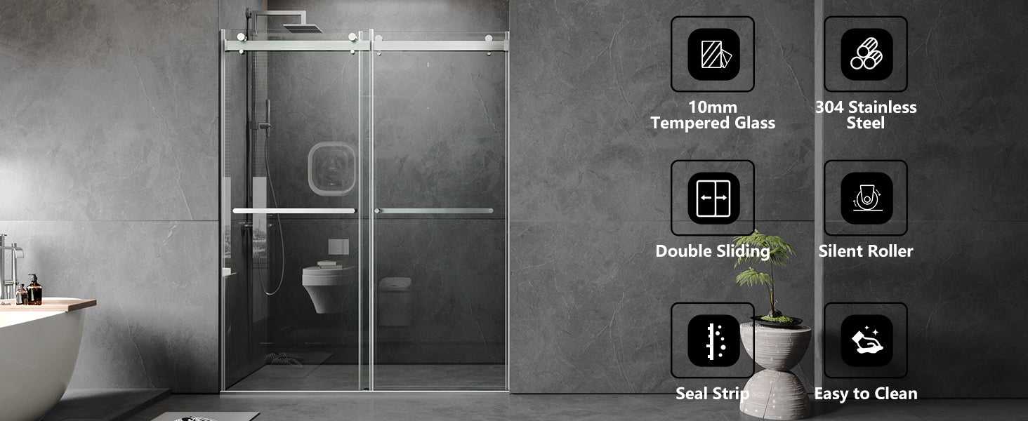 56 To 60'' W X 76'' H Frameless Shower Door, Double Sliding Shower Door With Premium 3 8'' 10Mm Thick Tempered Glass, Stainless Steel, Brushed Nickel Brushed Nickel Bathroom Modern Tempered Glass