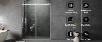 56 To 60'' W X 76'' H Frameless Shower Door, Double Sliding Shower Door With Premium 3 8'' 10Mm Thick Tempered Glass, Stainless Steel, Brushed Nickel Brushed Nickel Bathroom Modern Tempered Glass