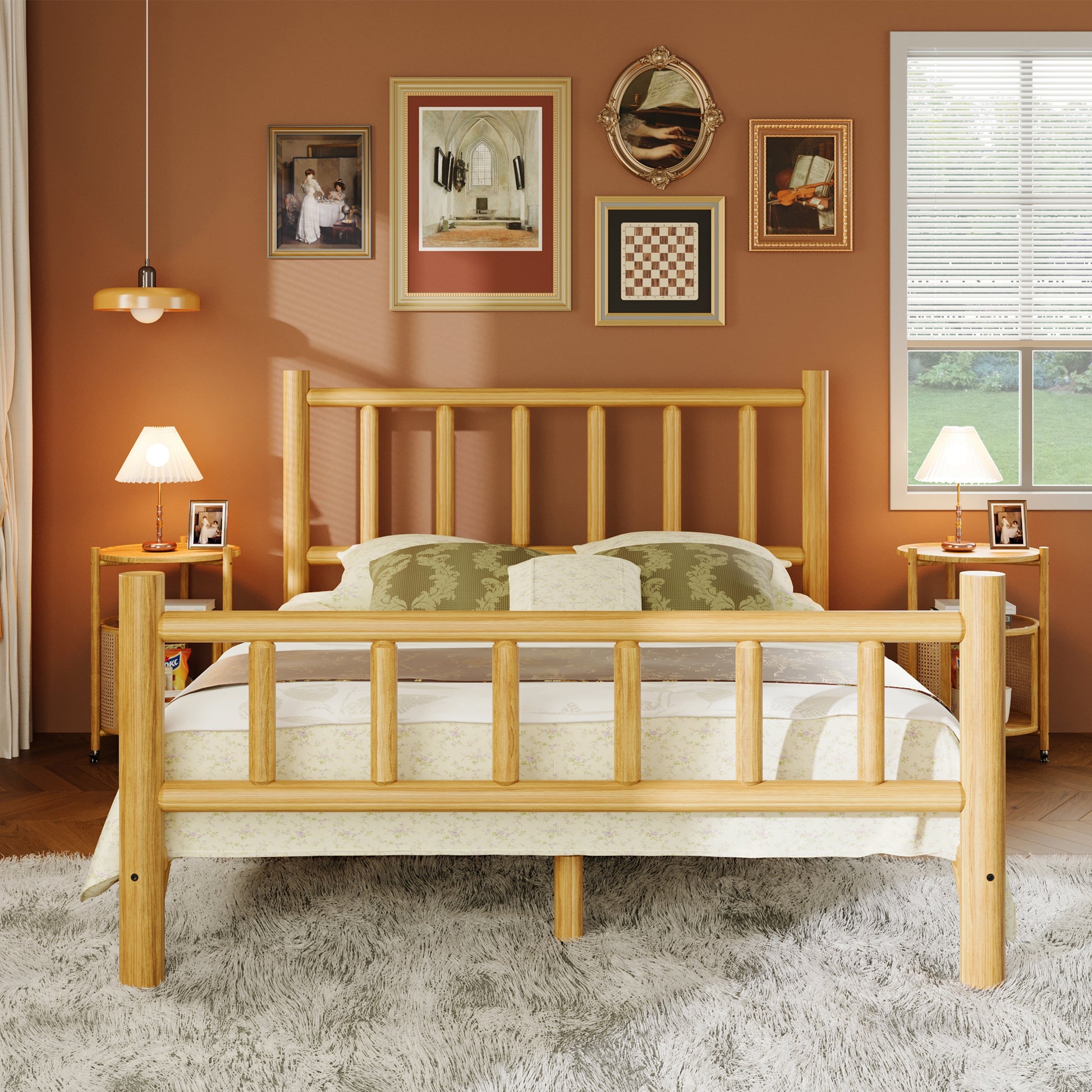 Farmhouse Log Bed Frame Queen Rustic Style Pure Solid Pine Cylinder Construction Bed Fits Mattresses And Box Springs, Natural Finish Queen Natural Pine