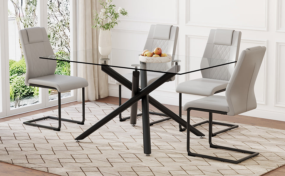 Table And Chair Set.Modern Rectangular Glass Dining Table With 0.39" Tempered Glass Tabletop And Black Metal Legs.Paired With Multiple Chairs Designed With Pu Cushions And Black Metal Legs. Black Grey Seats 4 Tempered Glass