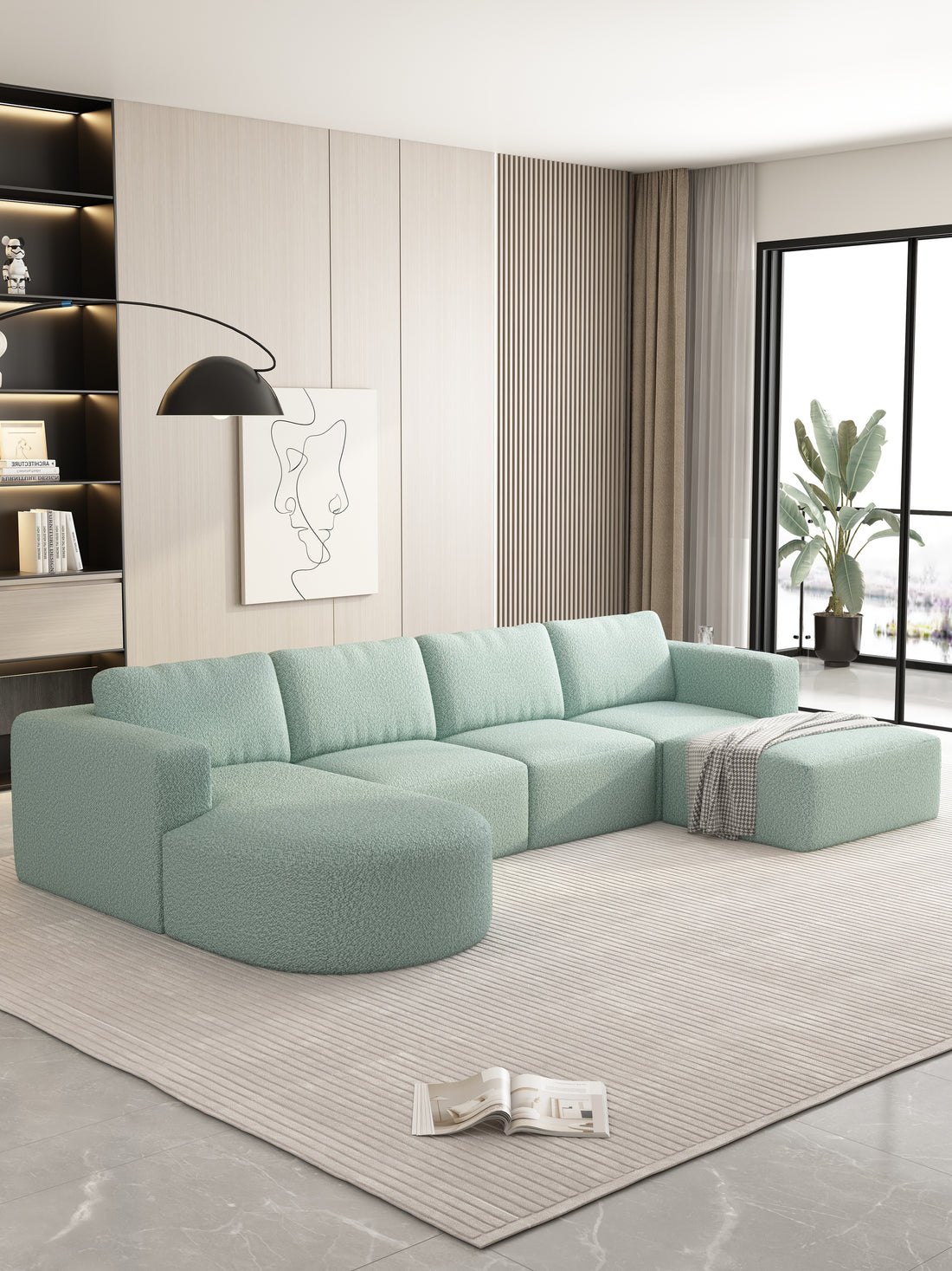 133.84*70.86 Modular Sectional Sofa Sleeper Couch, Sectional Sofa With Chaise And Ottoman, Convertible U Shaped Modular Sofa Set. Compressed Spon, Light Green Combo 2A B C D Light Green Primary Living Space Soft Minimalist,Modern Foam Spring 6 Seat